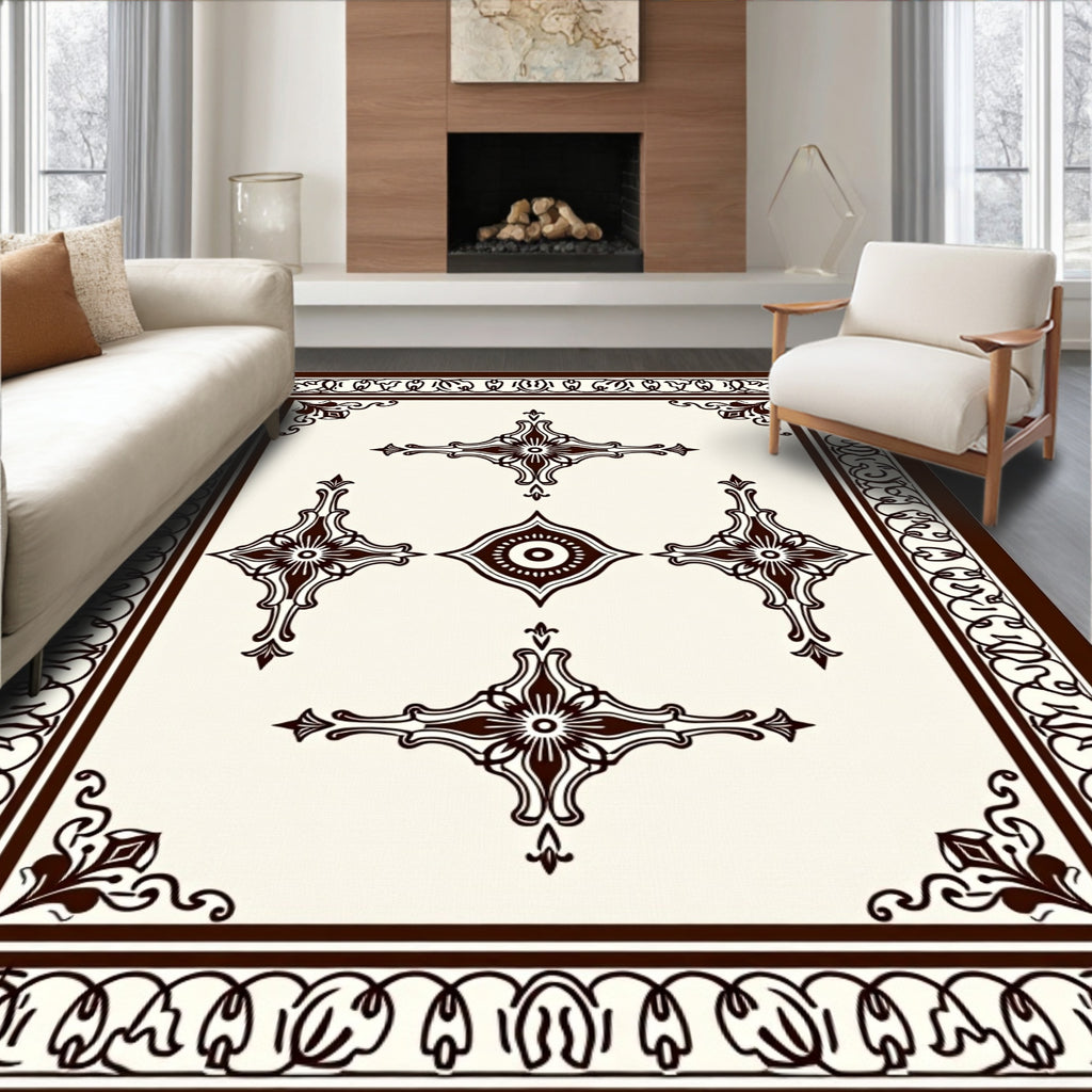 Ornate Cream Brown Medallion Border Rug
