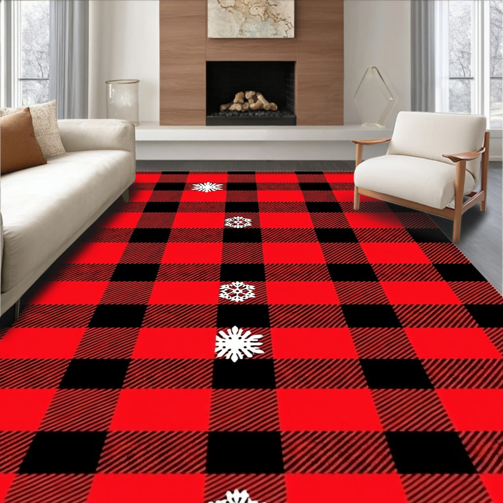 Red Black Buffalo Plaid Snowflake Rug
