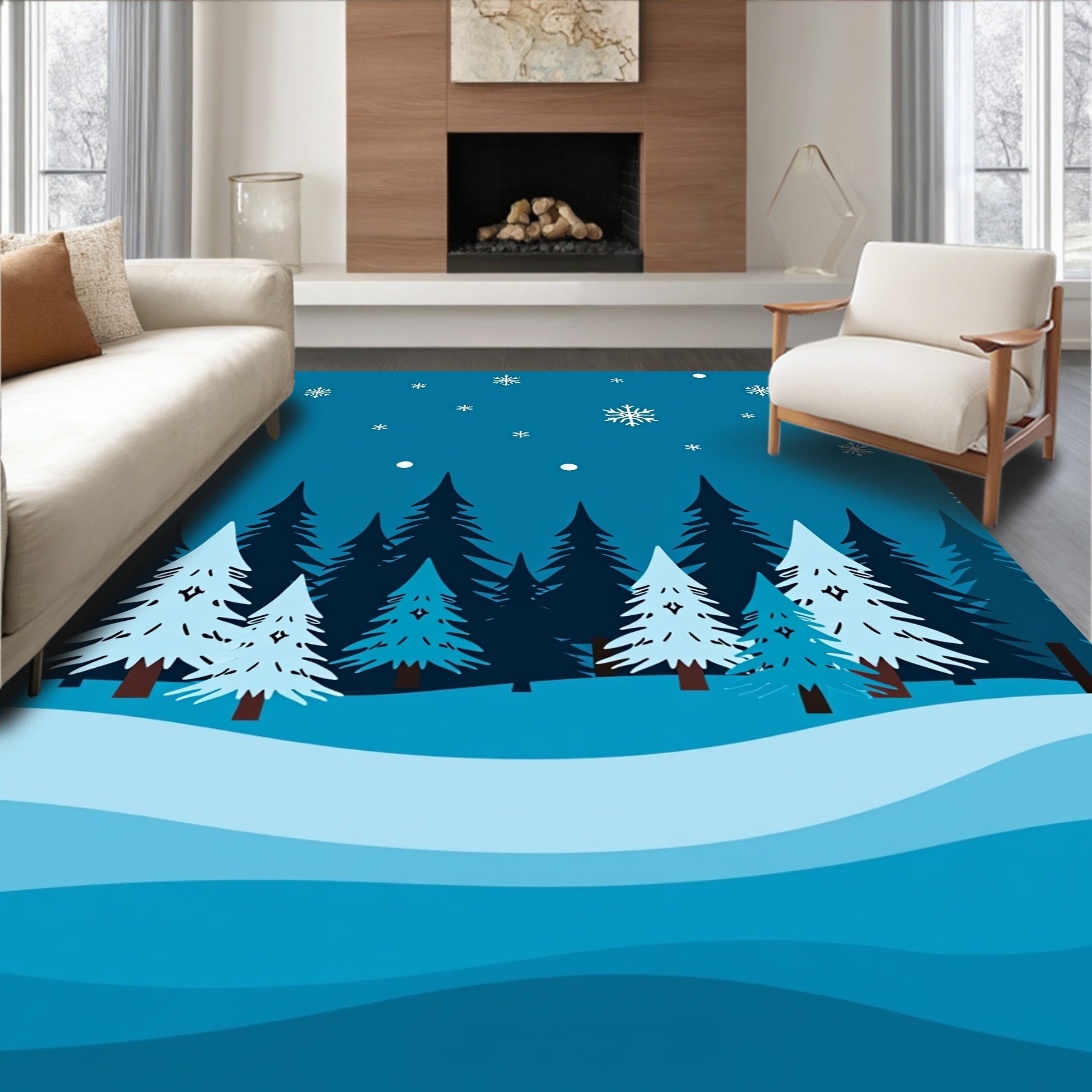Winter Snowy Forest Flakes Rug