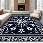 Dark Blue White Floral Medallion Border Rug