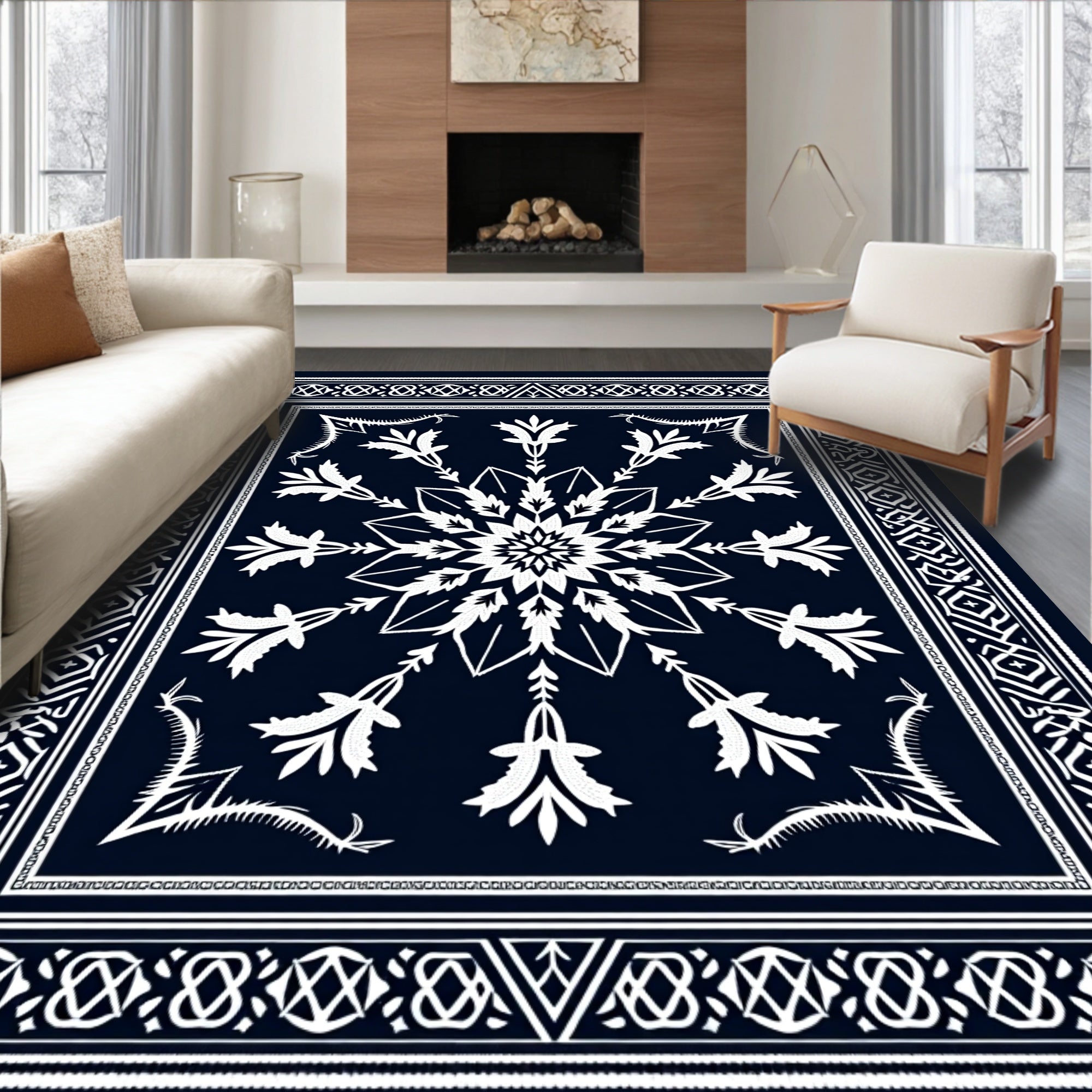 Dark Blue White Floral Medallion Border Rug