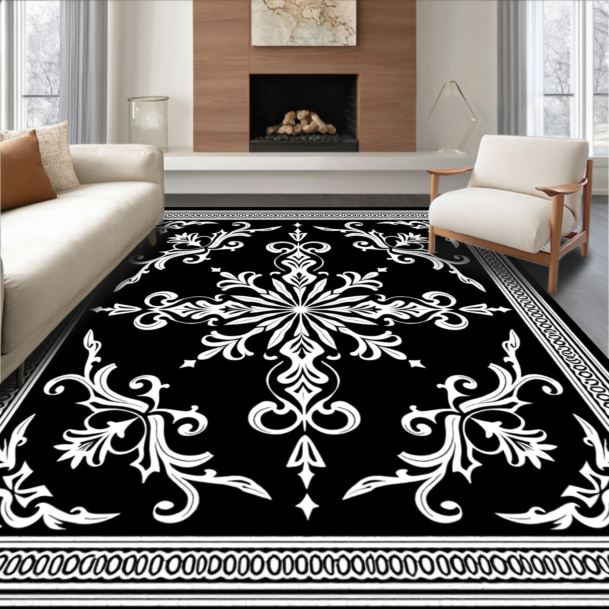 Black White Damask Scrollwork Medallion Rug