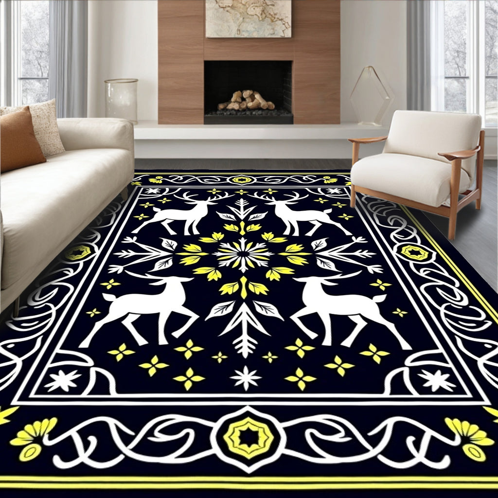 White Deer Yellow Floral Border Rug