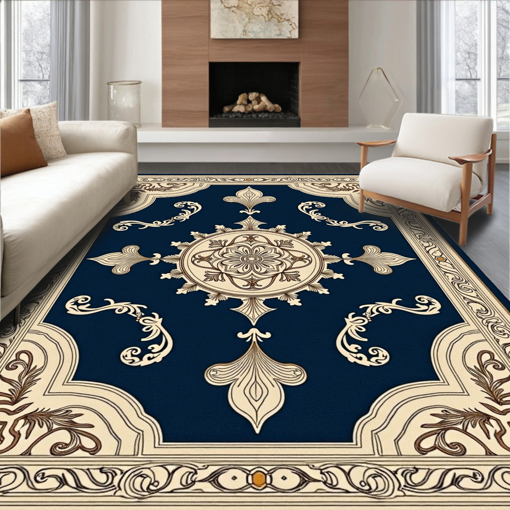 Deep Navy Floral Scroll Medallion Rug