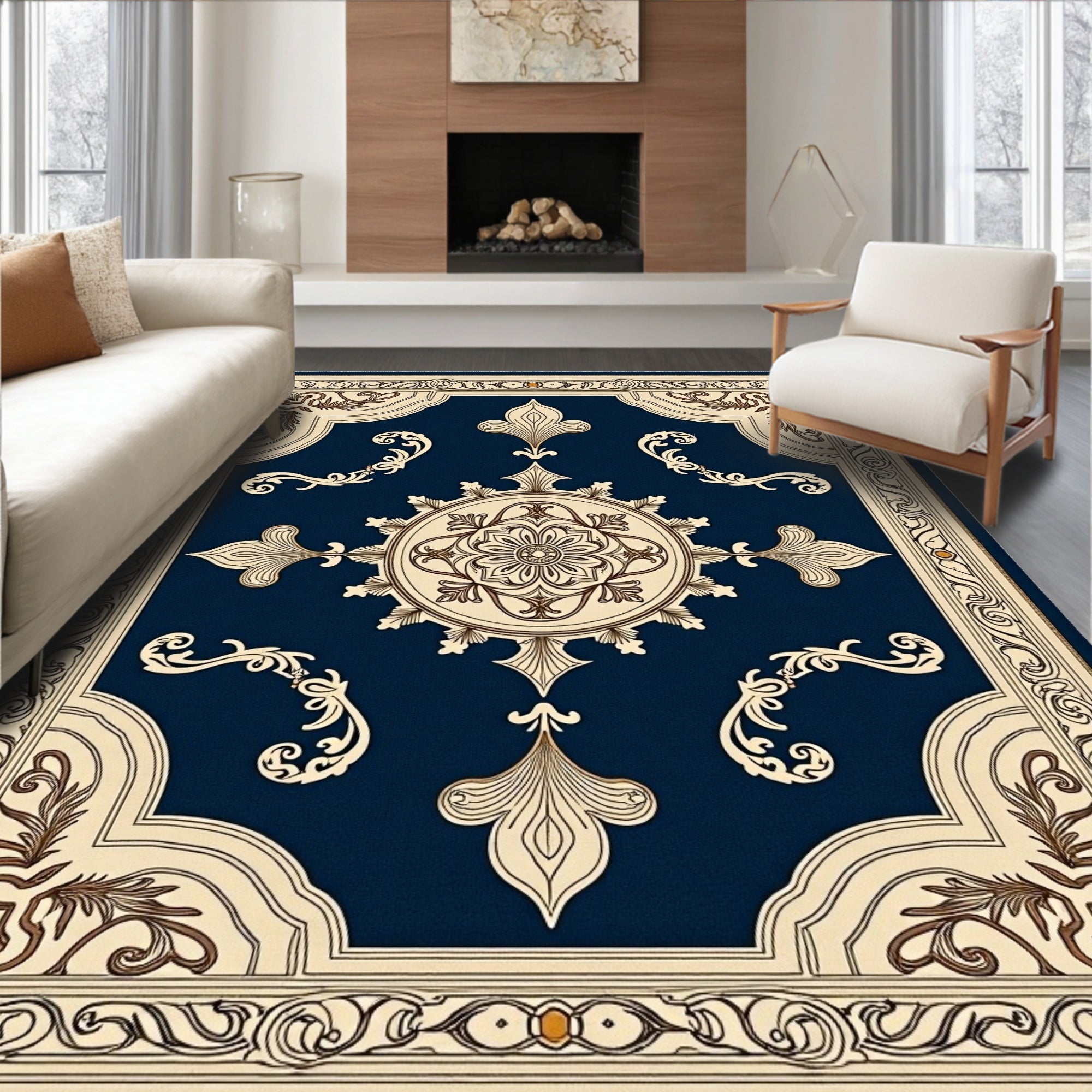 Deep Navy Floral Scroll Medallion Rug
