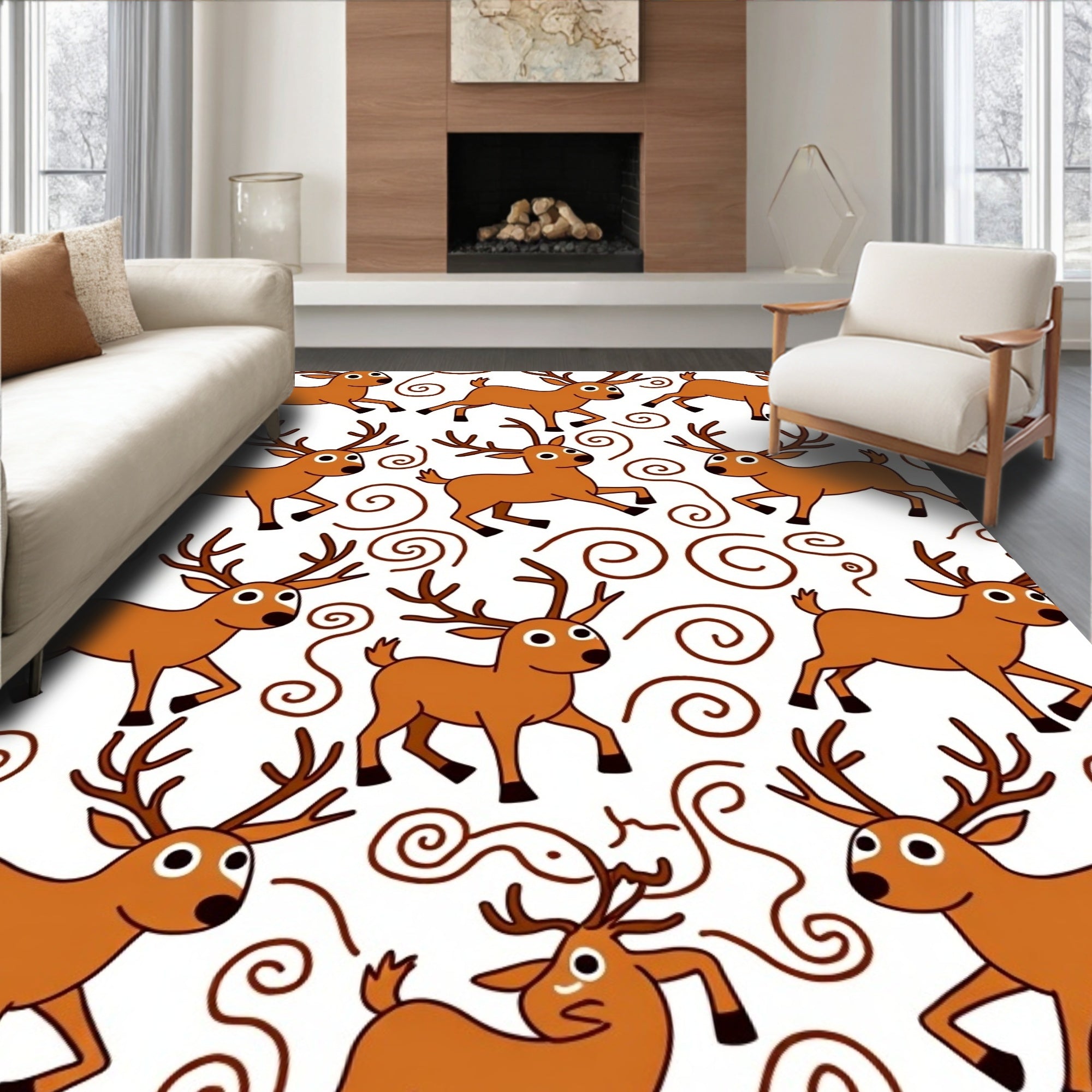 Playful Brown Deer Swirl Whimsy Rug