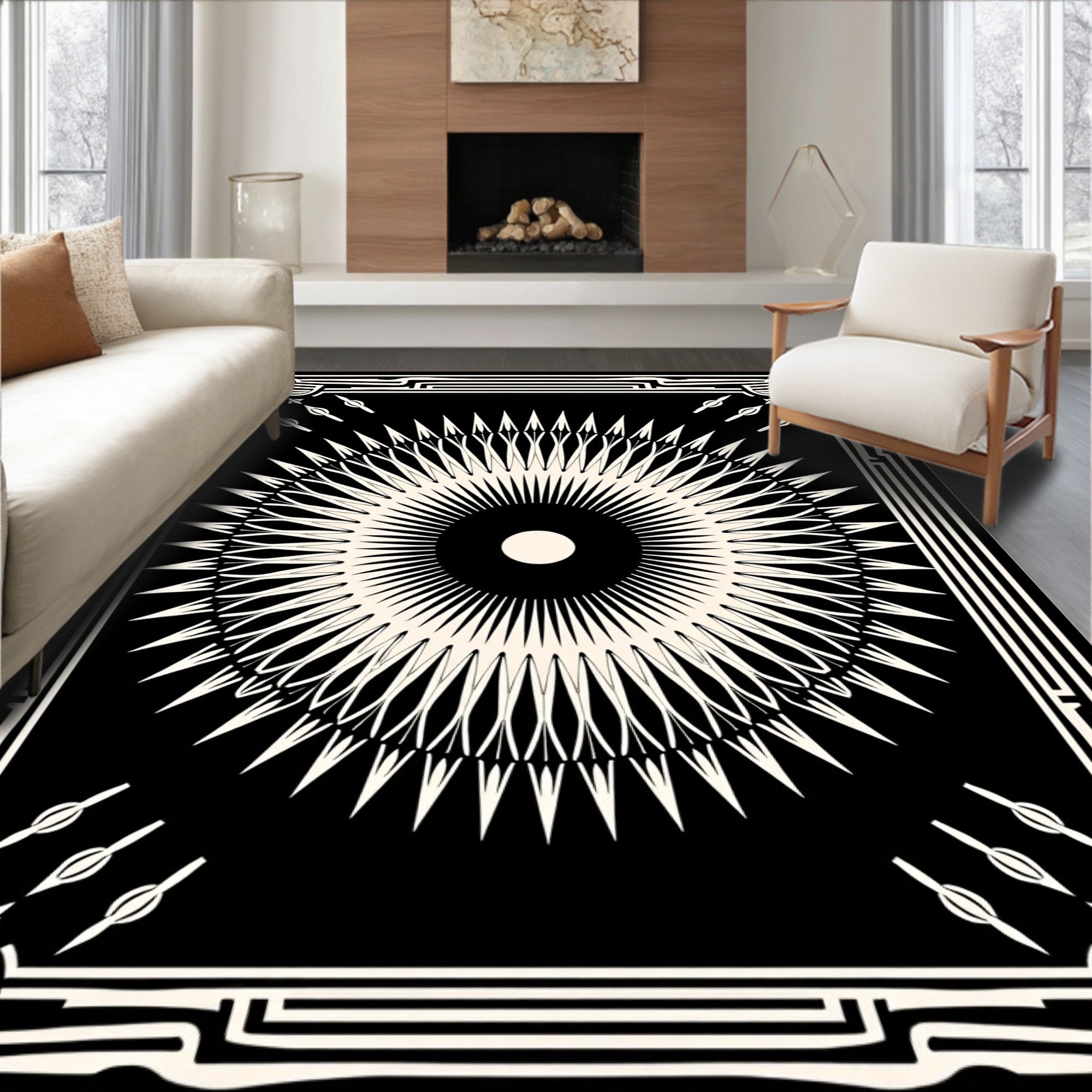 Black Cream Sunburst Geometric Rug
