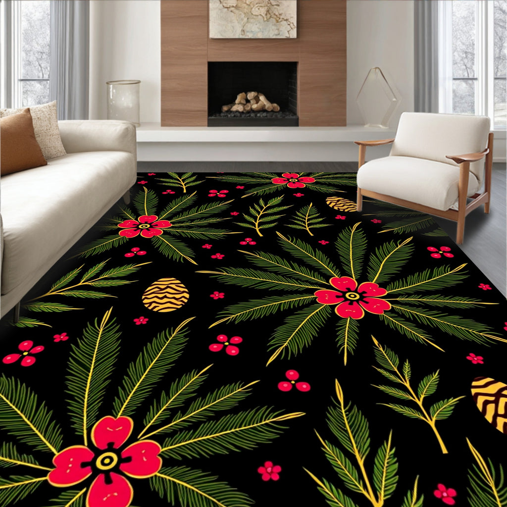 Red Floral Green Leaves Golden Eggs Rug