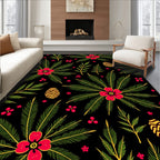 Red Floral Green Leaves Golden Eggs Rug