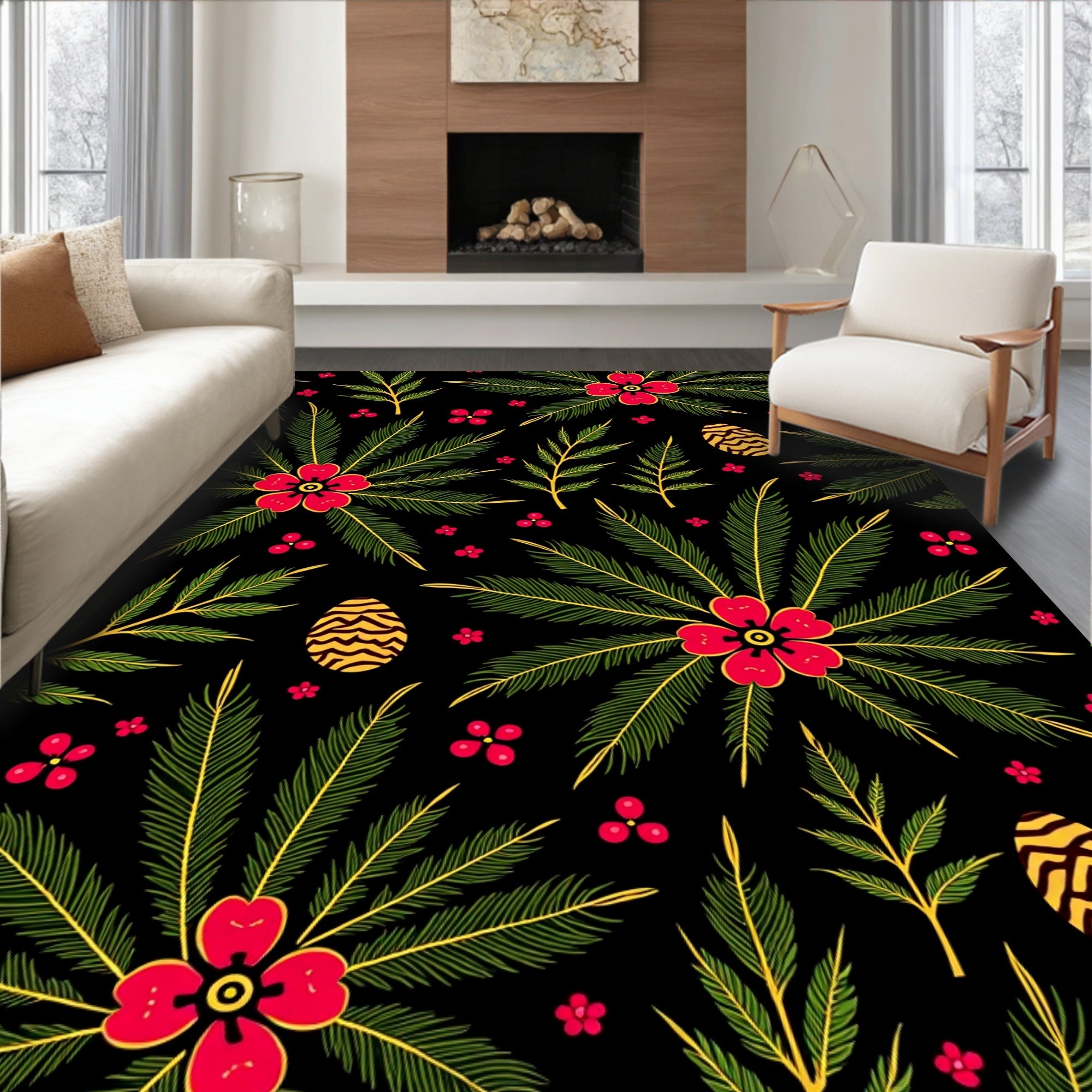Red Floral Green Leaves Golden Eggs Rug