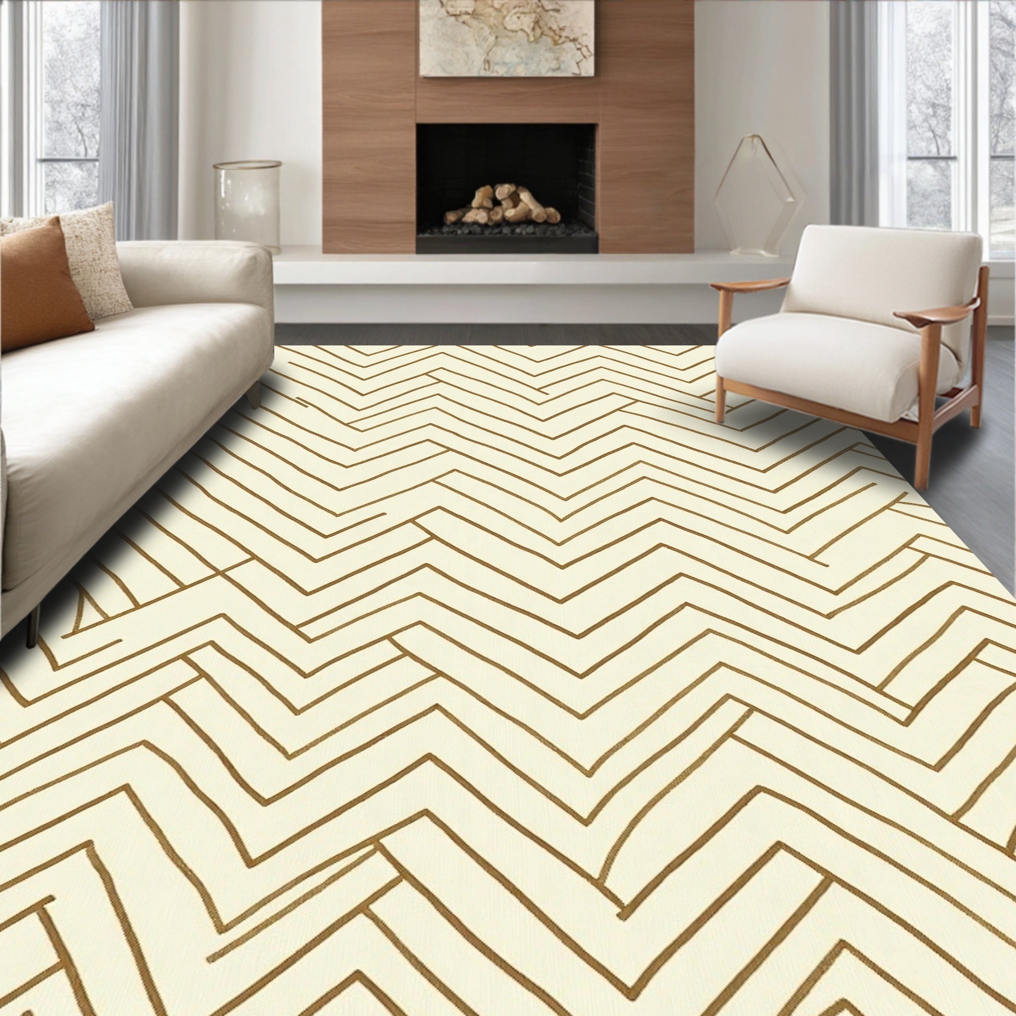 Earthy Gold Chevron Abstract Rug