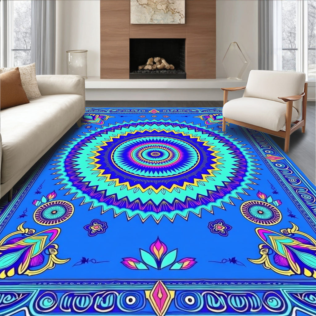 Vibrant Blue Floral Sunburst Mandala Rug