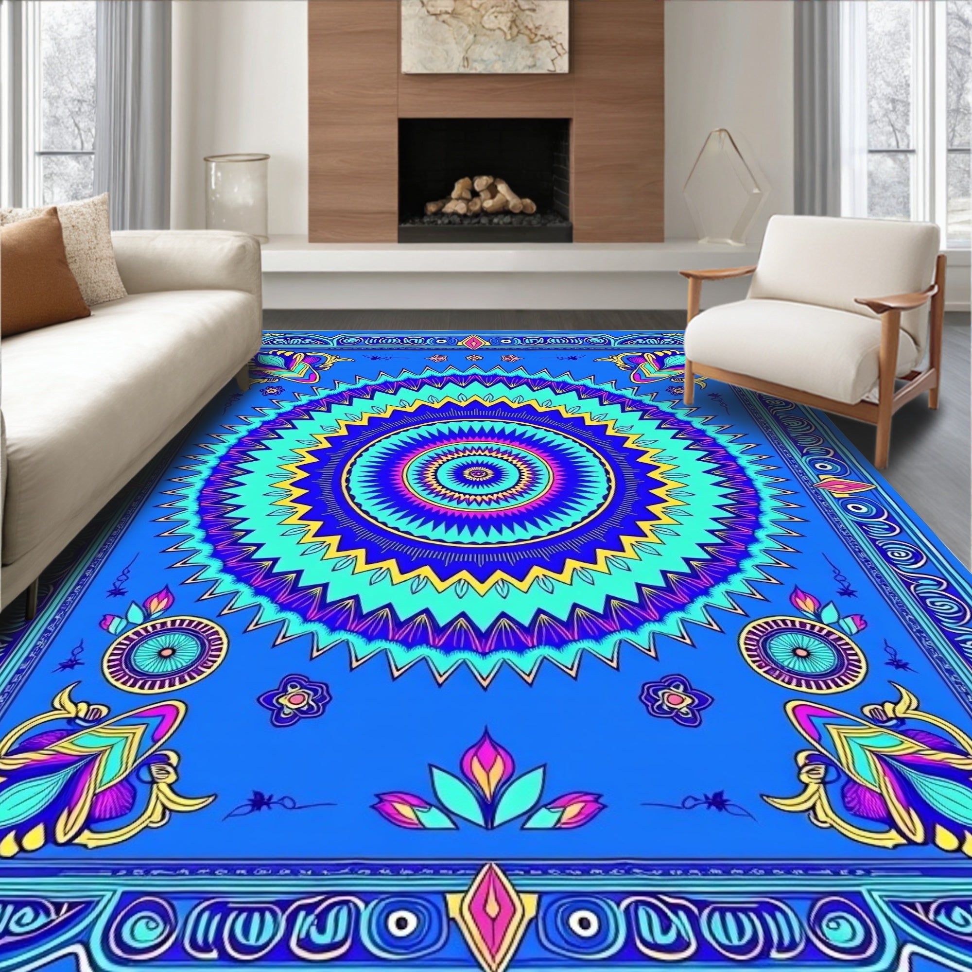 Vibrant Blue Floral Sunburst Mandala Rug