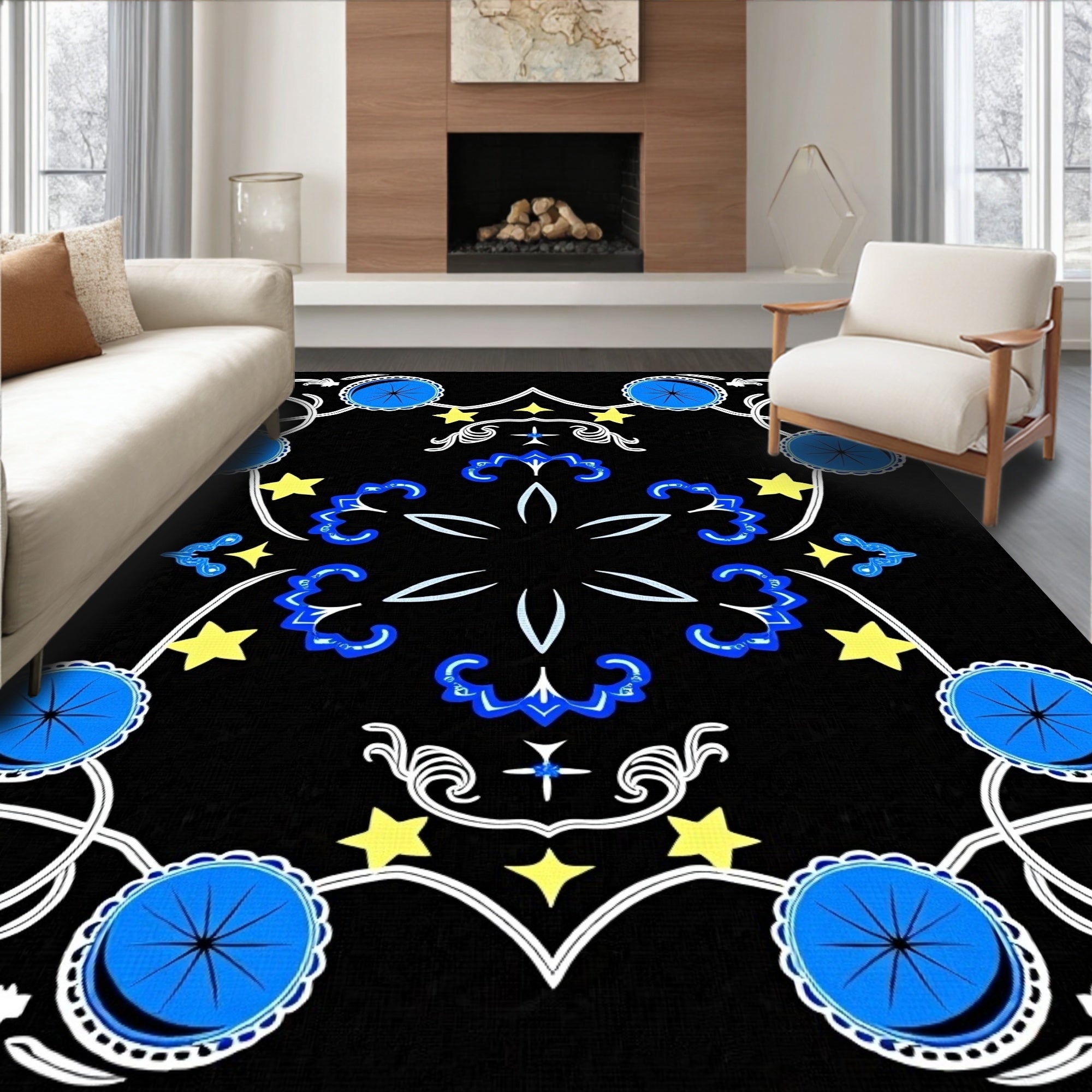 Golden Yellow Star Blue Medallion Rug