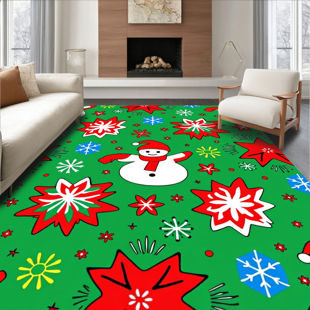 Charming Snowman Red Star Festive Snowflakes Rug