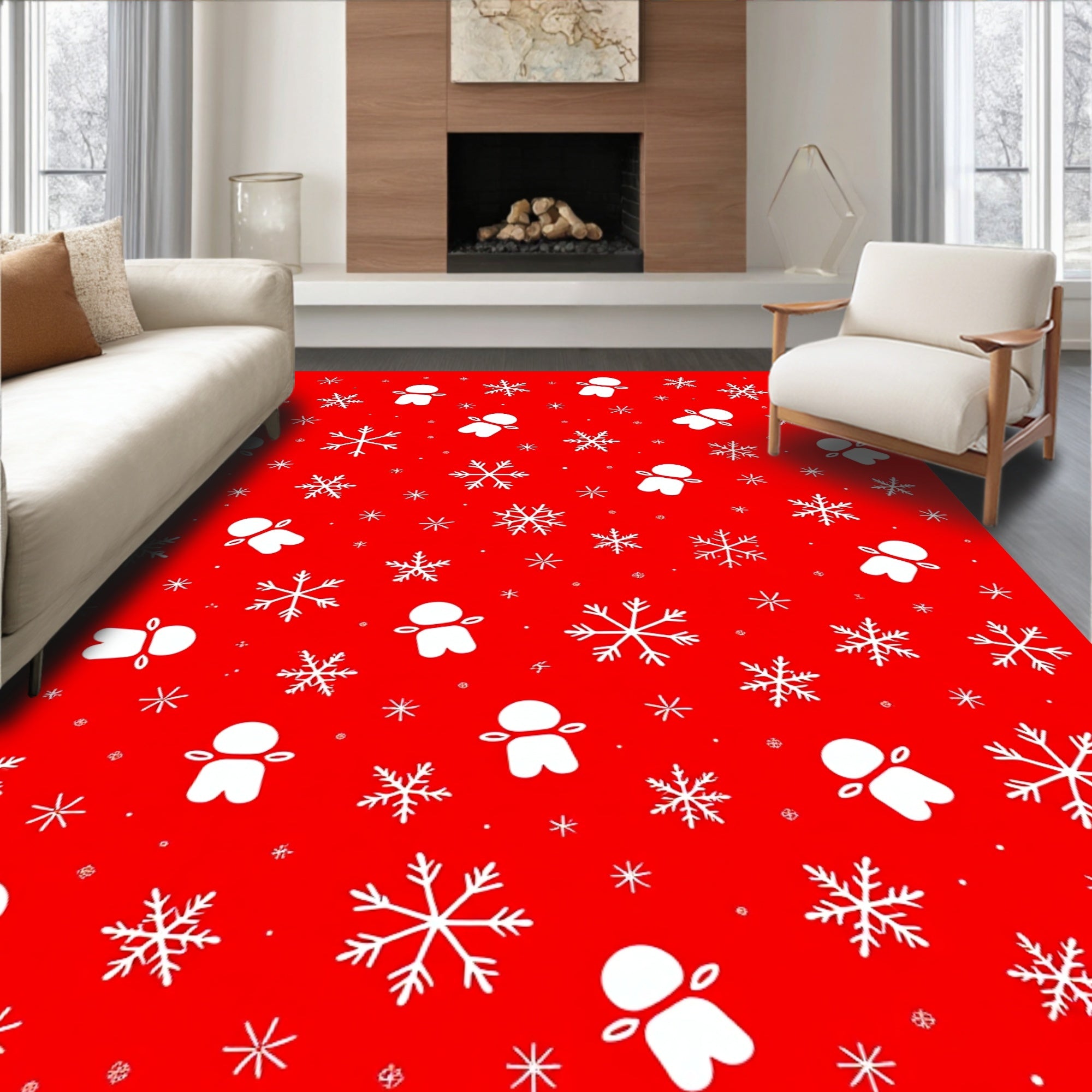 White Snowflakes Gingerbread Men Red Base Rug