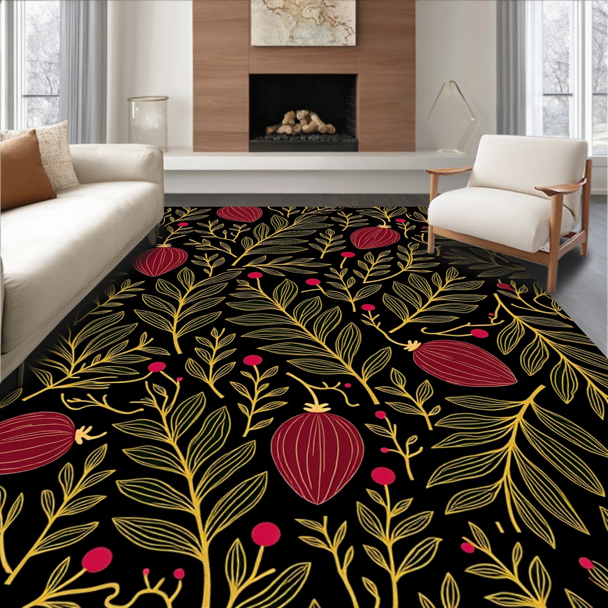 Crimson Berry Leafy Branches Rug