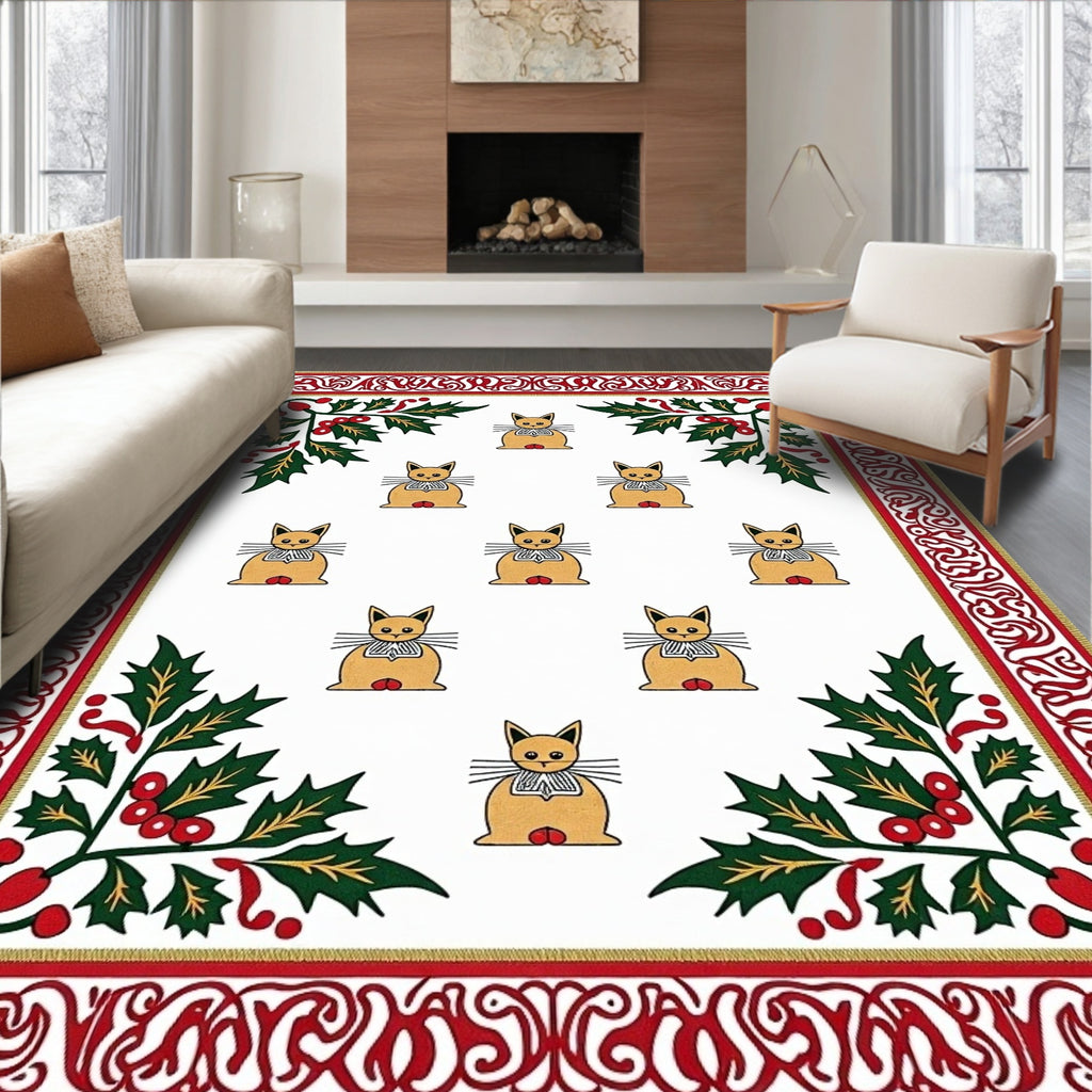 Crimson Holly Cat Border Arrangement Rug