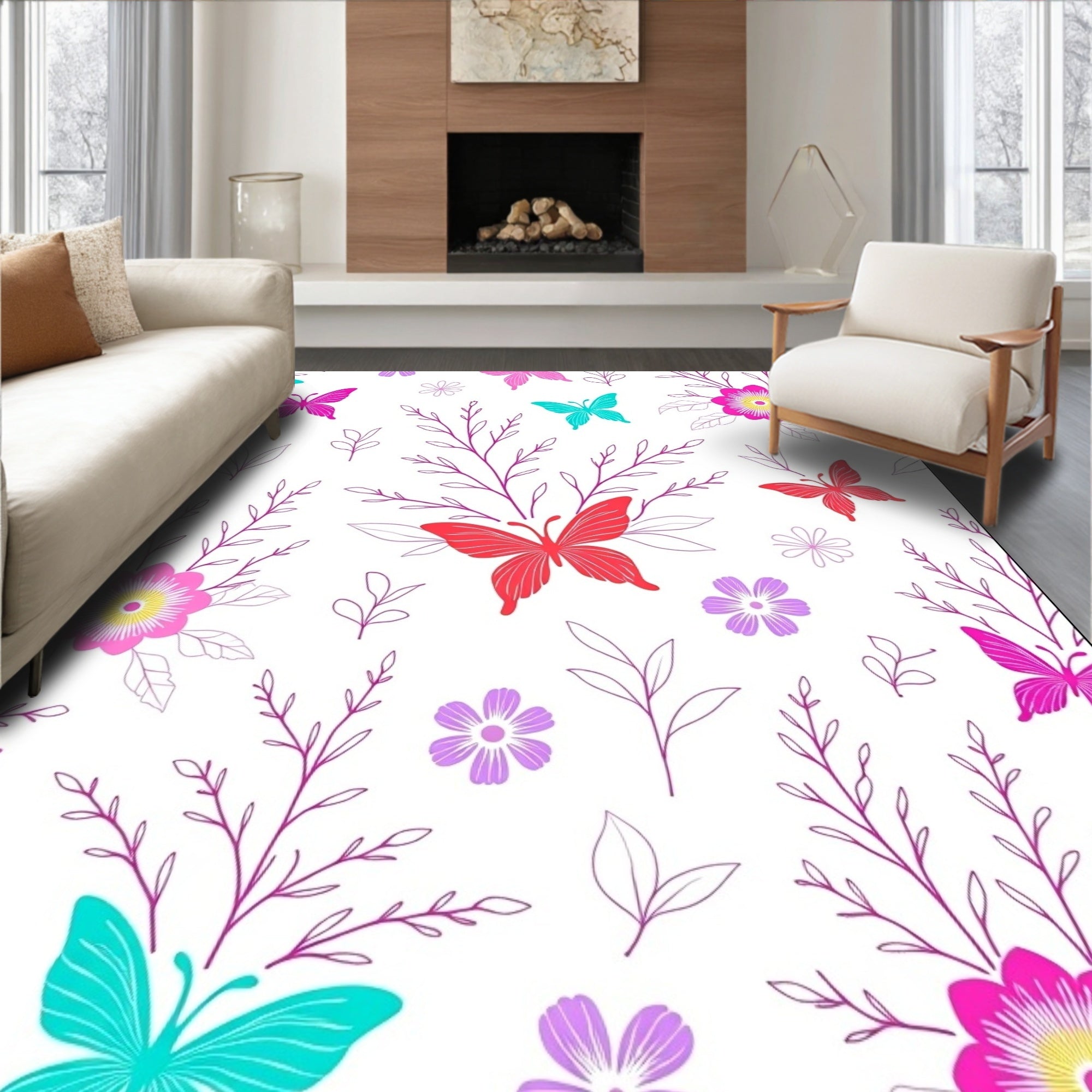 Vibrant Butterfly and Bloom Collage Rug