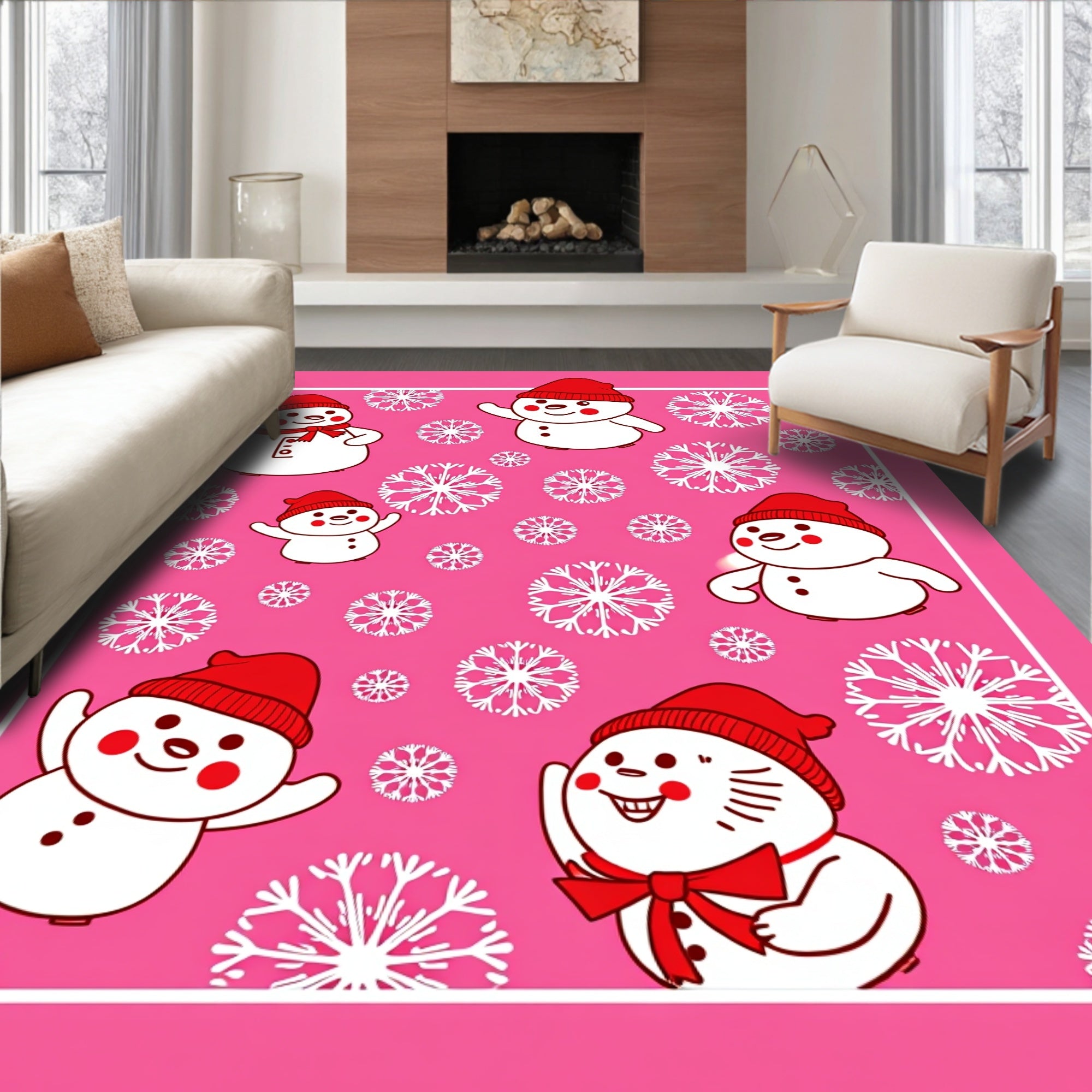 Pink Snowflakes And Jolly Snowmen Rug
