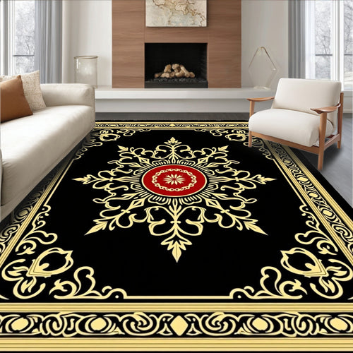 Black Gold Red Ornate Floral Medallion Rug