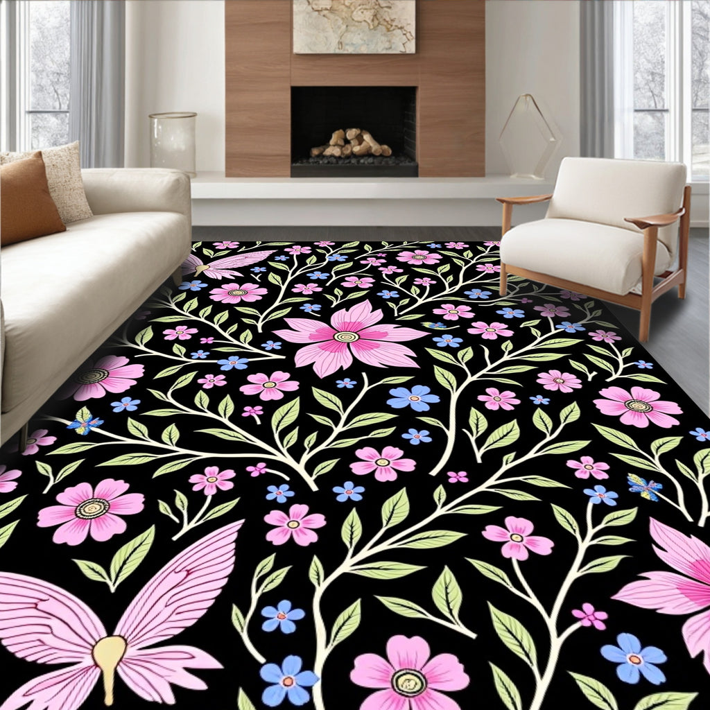 Pink Butterfly Floral Swirl Garden Rug