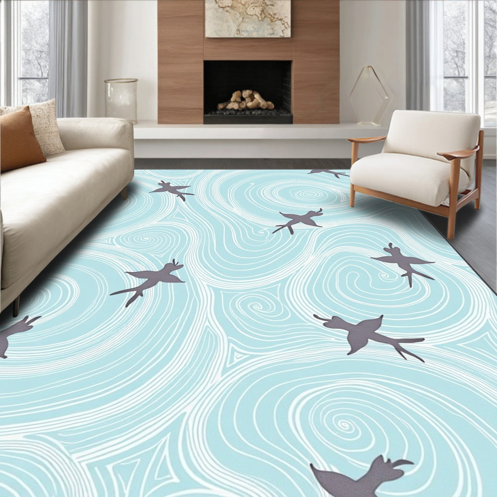 Sky Blue Swallows Swirling Waves Rug