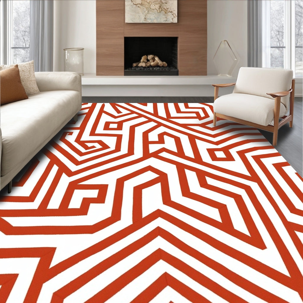 Bold Terracotta Geometric Maze Rug