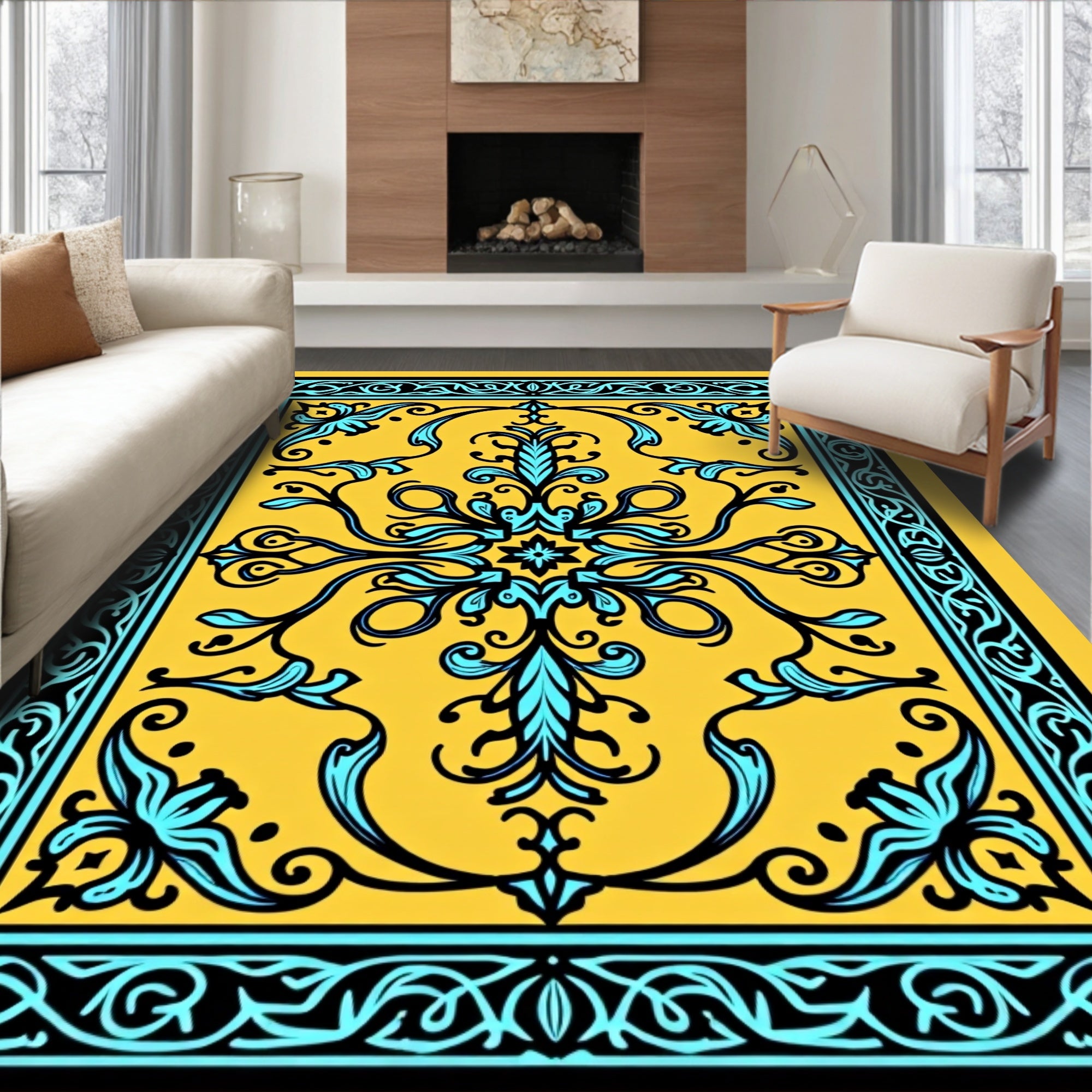 Golden Teal Baroque Floral Rug