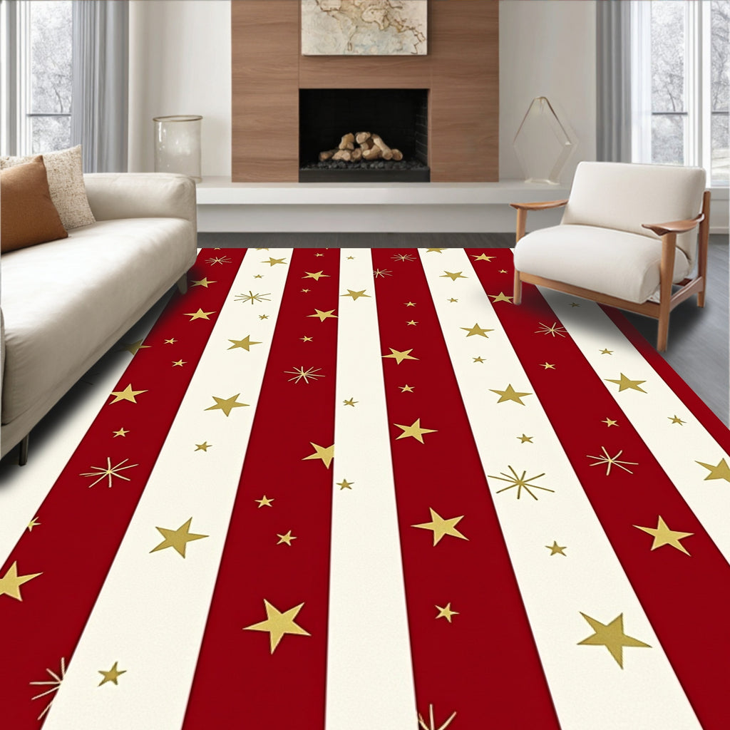 Red Cream Golden Star Stripes Rug