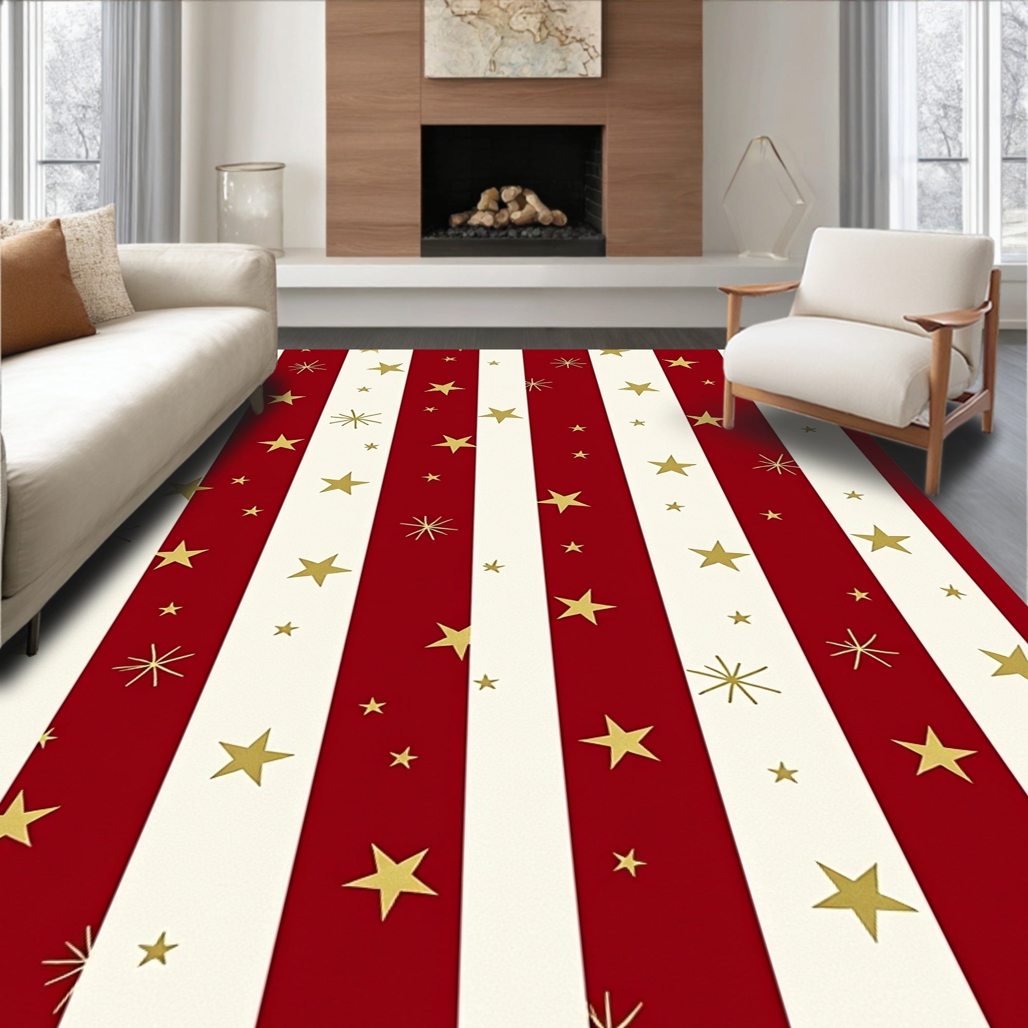 Red Cream Golden Star Stripes Rug