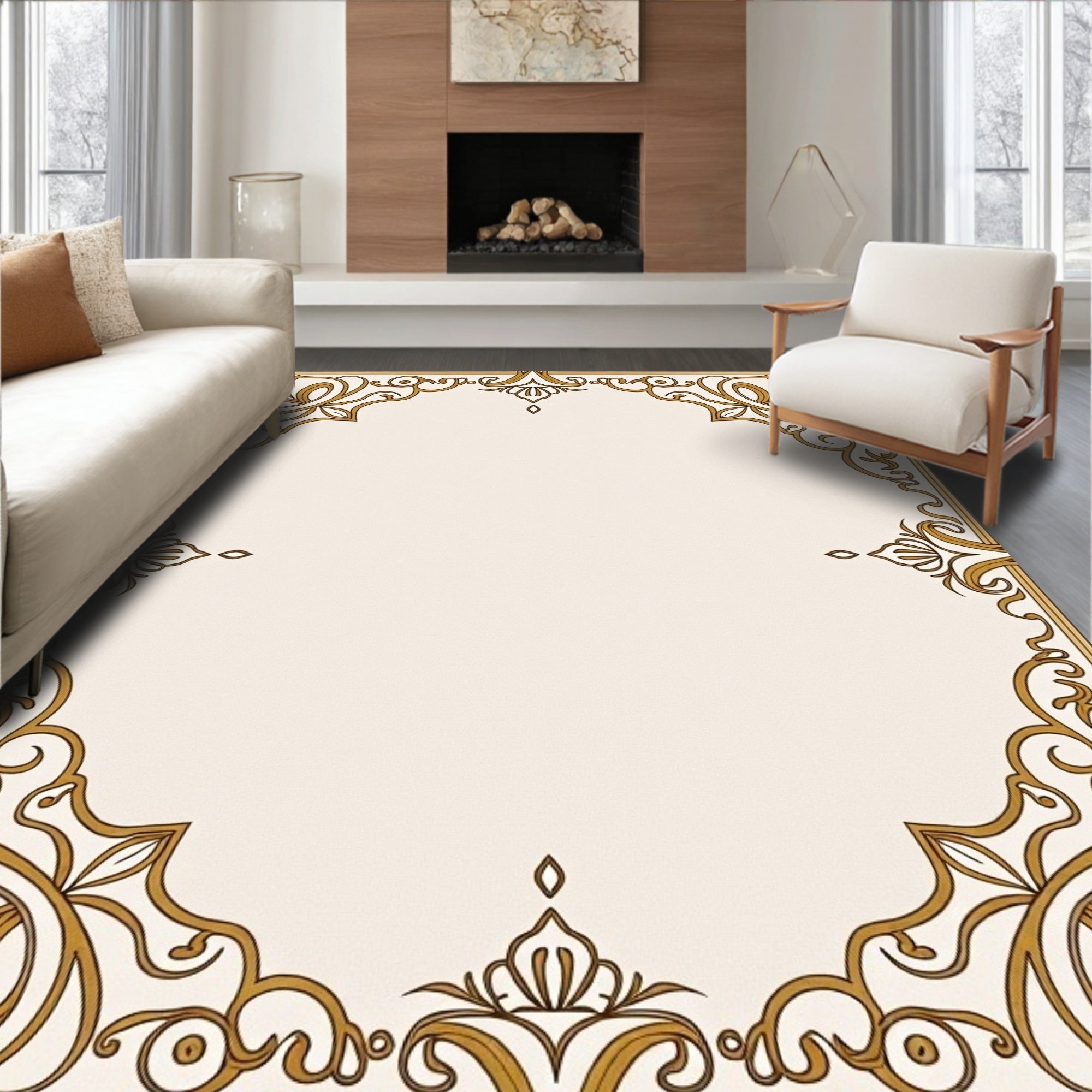 Elegant Golden Scrollwork Frame Rug