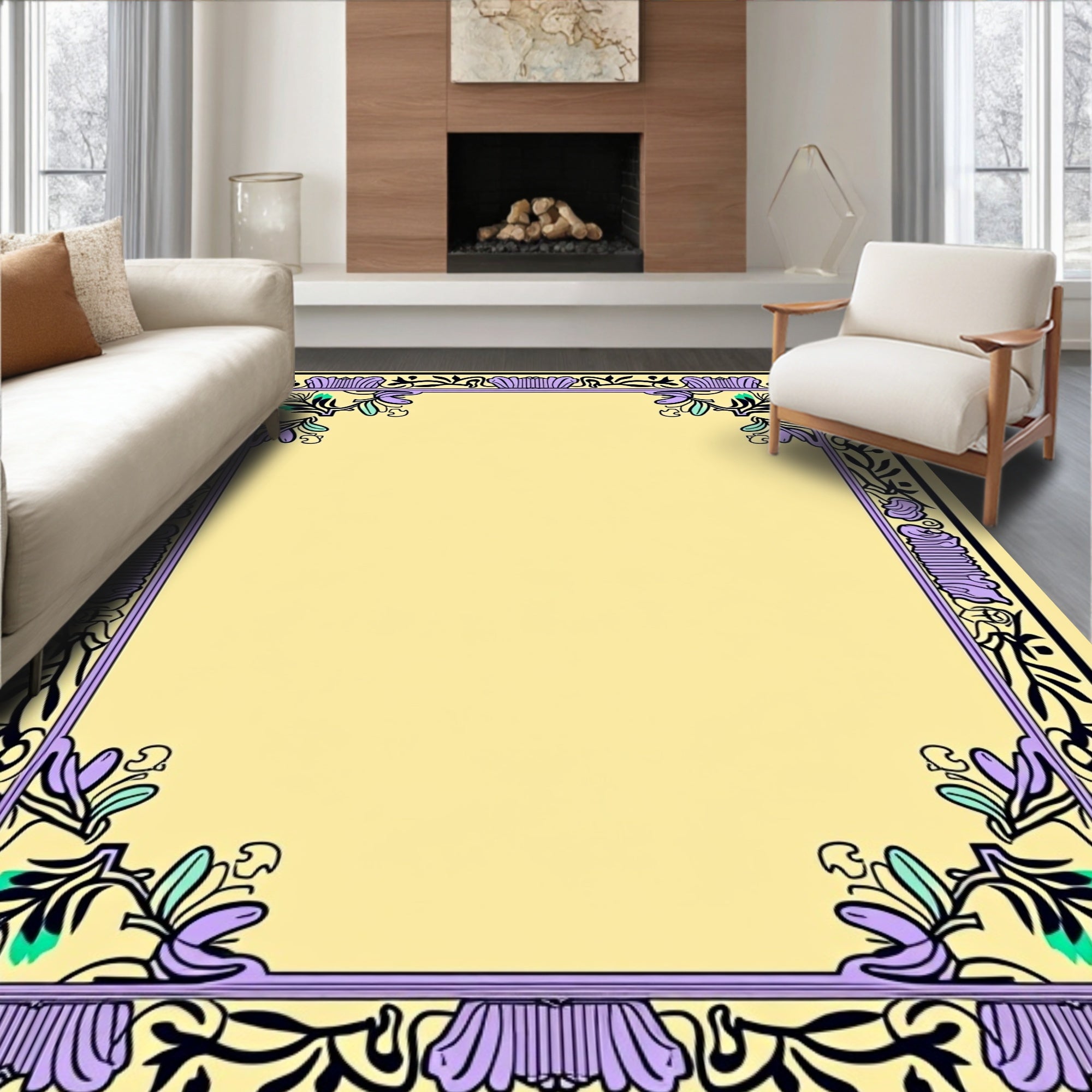 Pale Yellow Elegant Floral Border Accent Rug