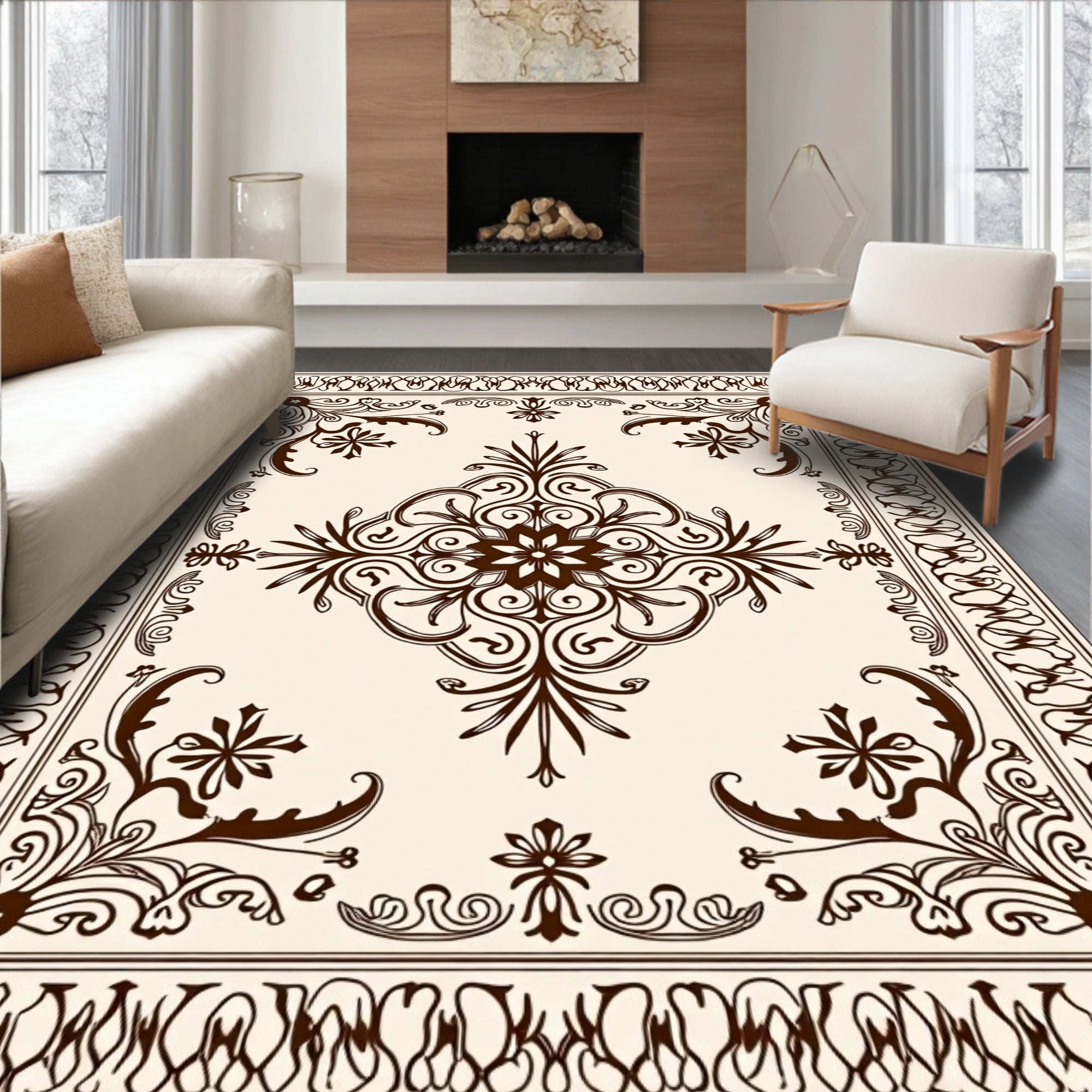 Rich Brown Ornate Medallion Scrolling Vine Rug