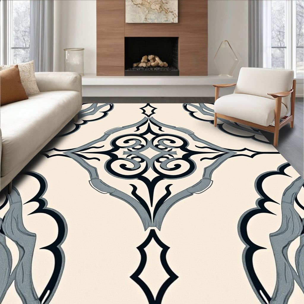 Cream Black Blue Scroll Ornament Rug