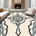 Cream Black Blue Scroll Ornament Rug