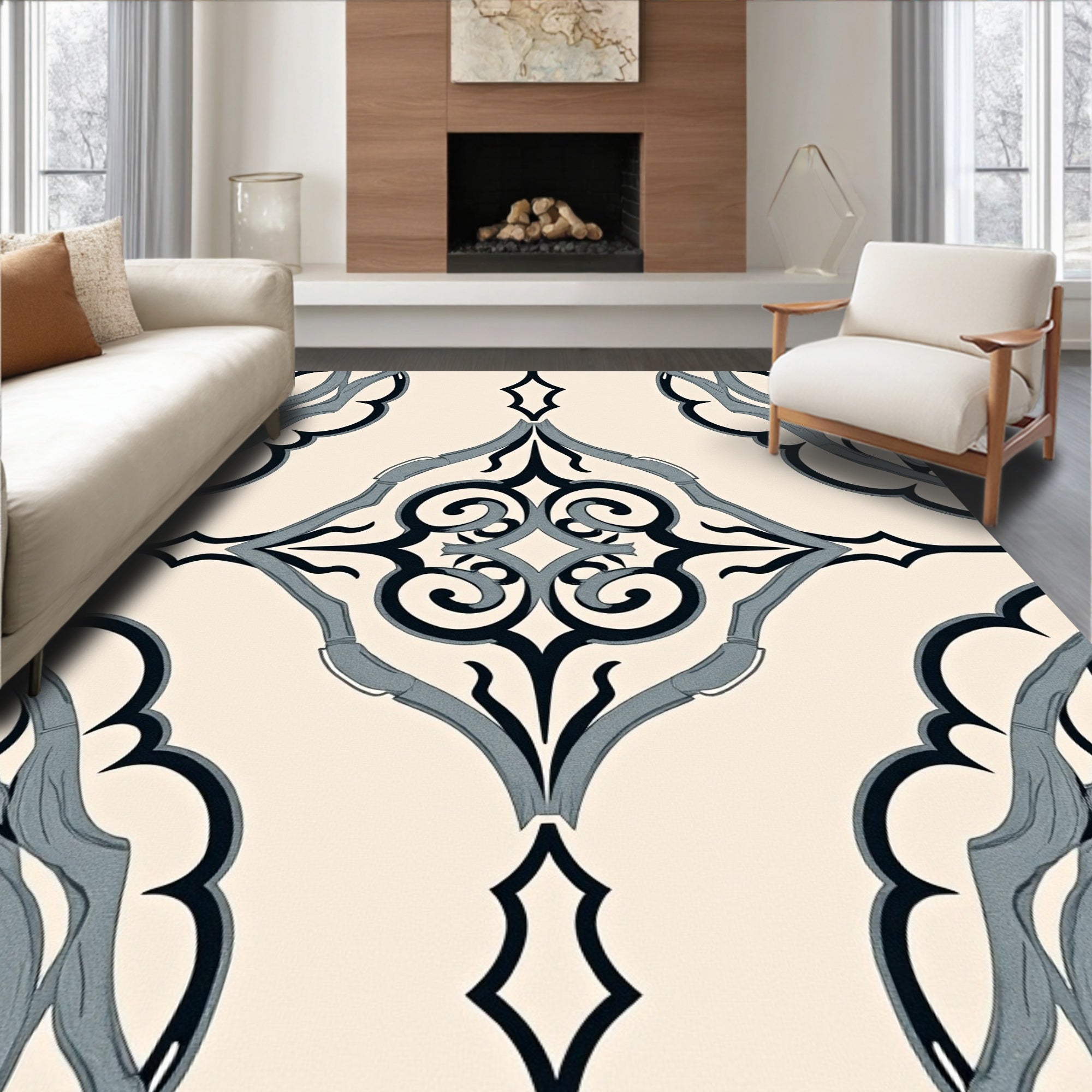 Cream Black Blue Scroll Ornament Rug