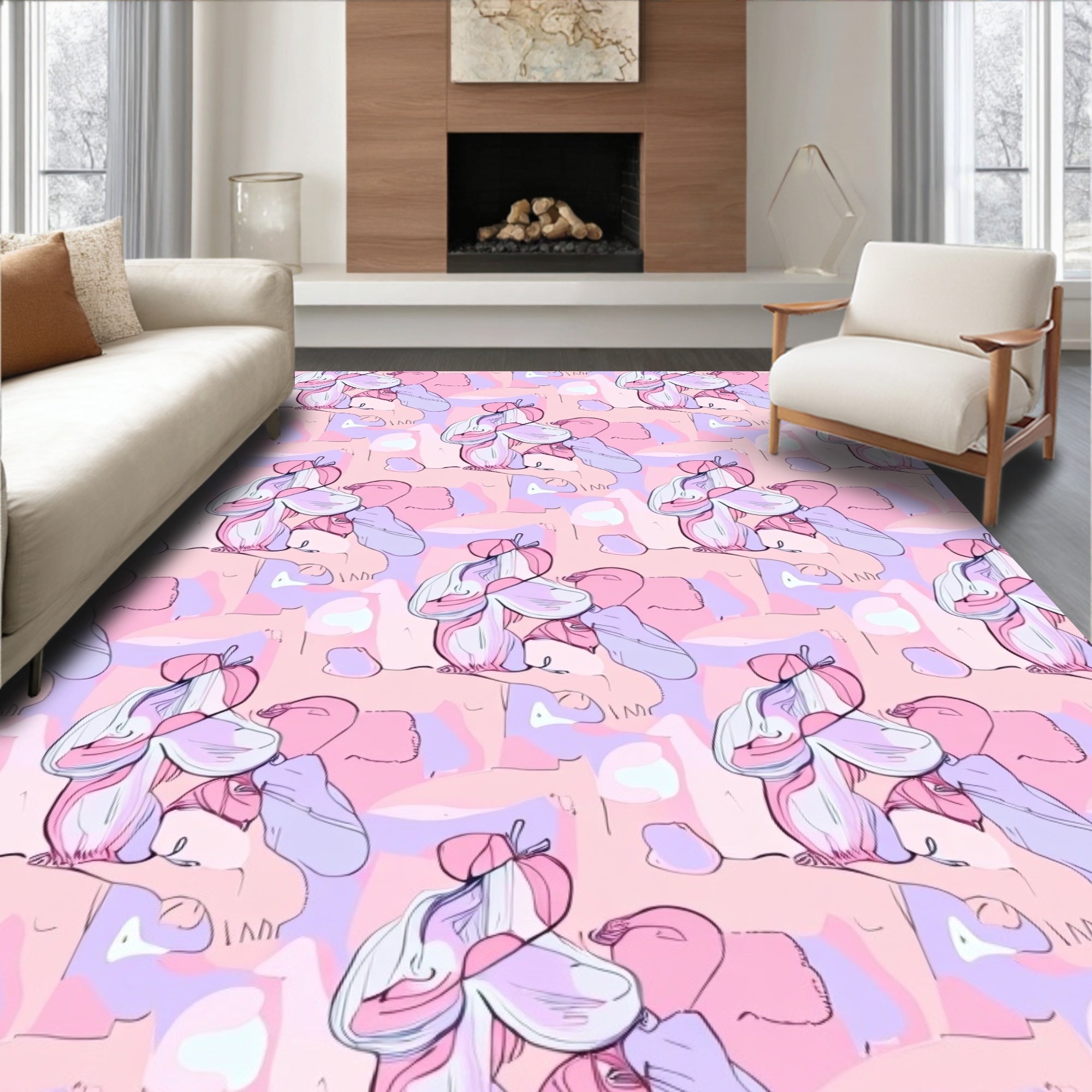 Pastel Pink Abstract Floral Swirl Rug