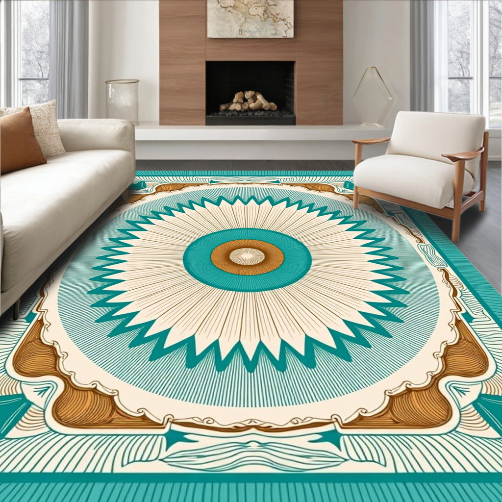 Teal Brown Radial Sunburst Medallion Rug