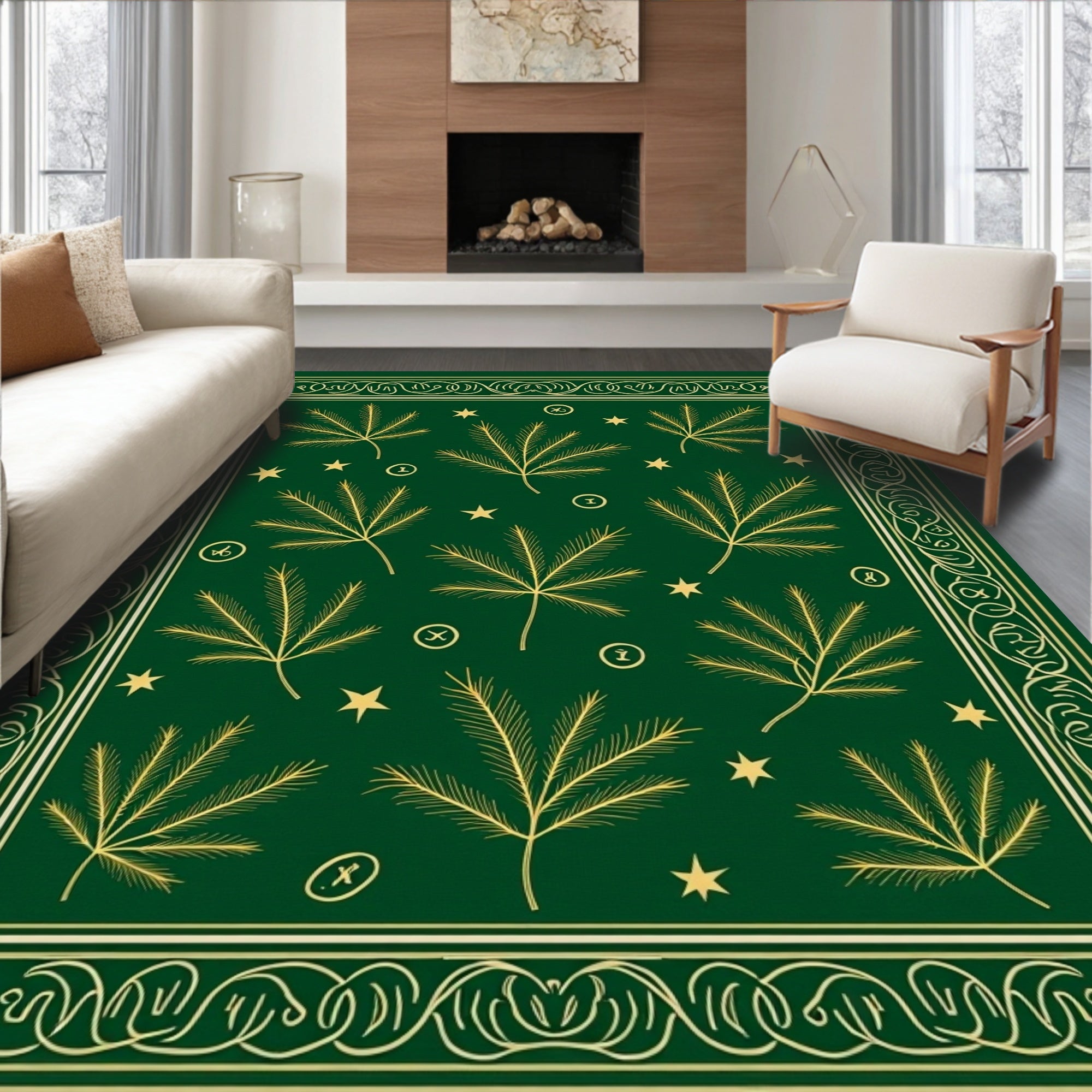 Emerald Green Star Leaf Border Rug