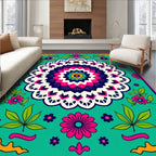 Vibrant Teal Floral Mandala Rug
