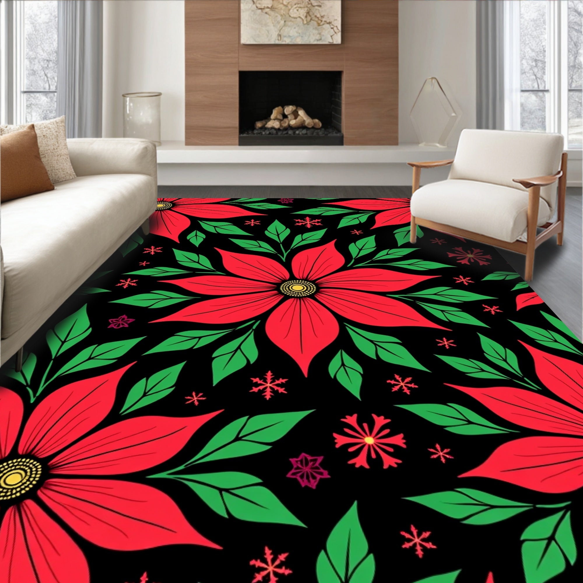 Festive Red Poinsettia Snowflakes Black Rug