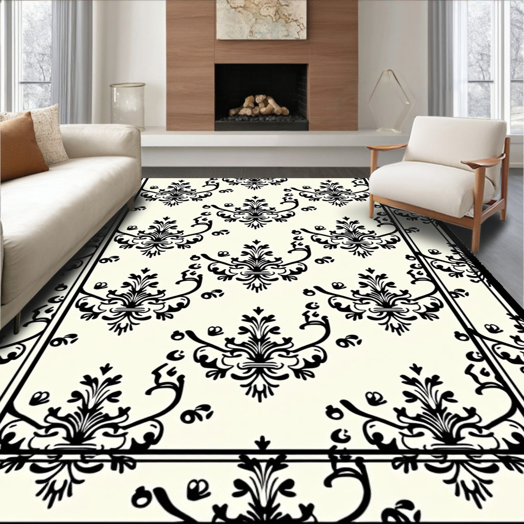 Ornate Black Damask Ivory Area Rug