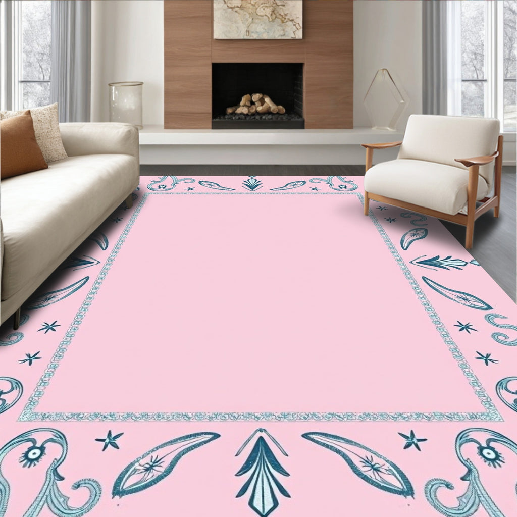Soft Pink Teal Whimsical Border Rug