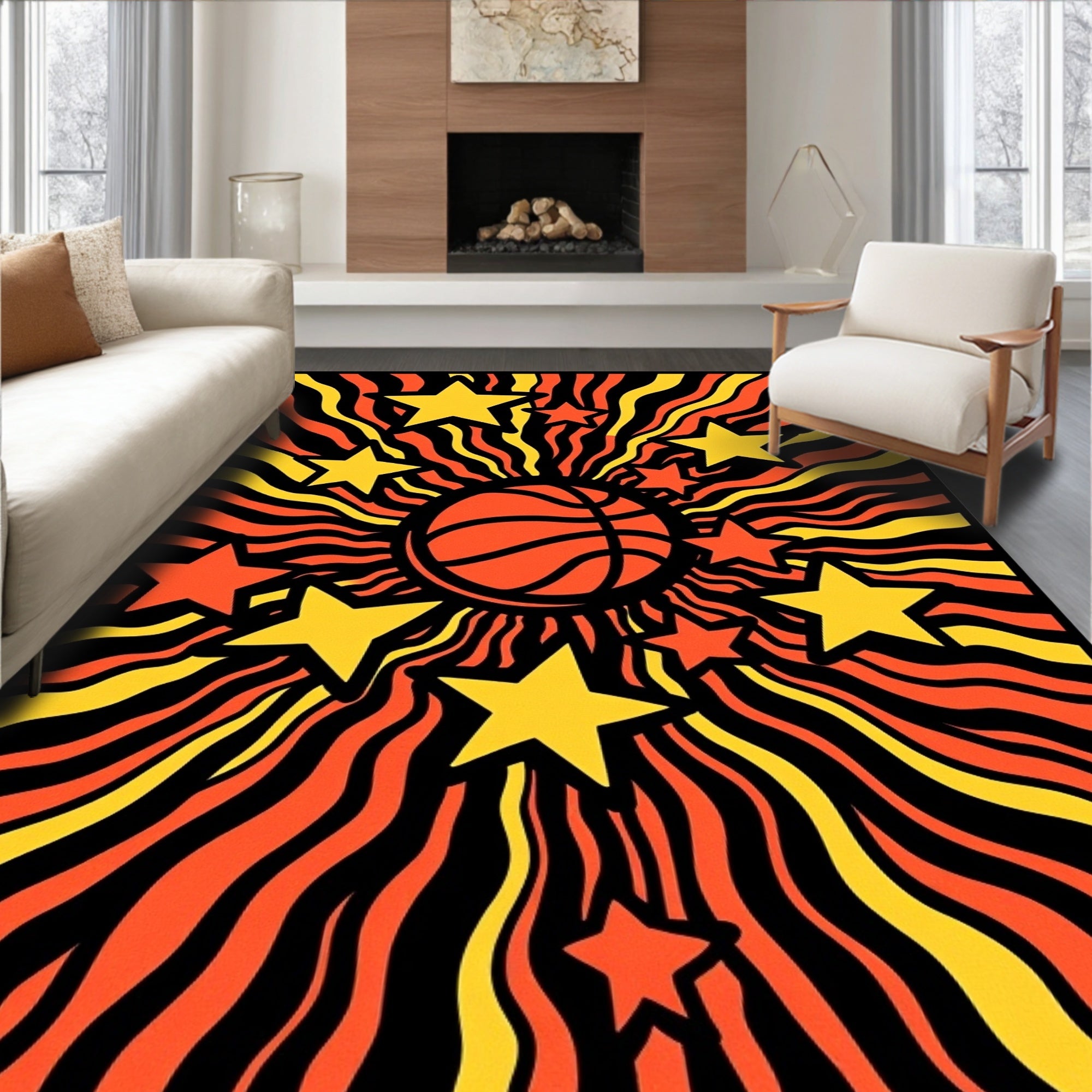 Retro Orange Yellow Burst Basketball Stars Rug