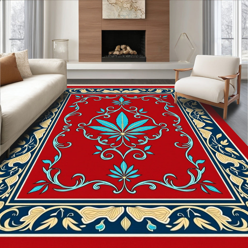 Crimson Red Turquoise Leaf Scroll Rug