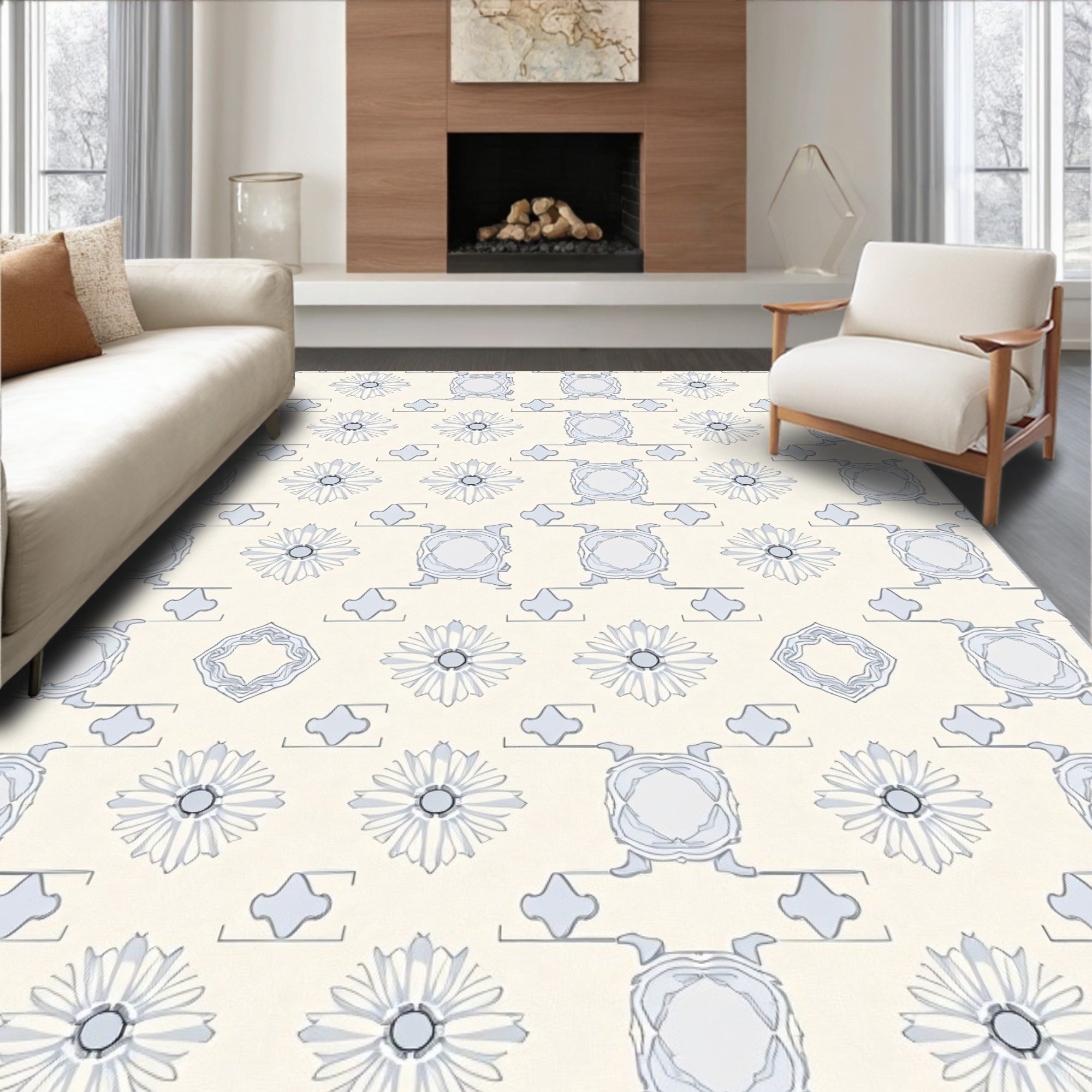 Soft Blue Ivory Floral Square Medallion Rug