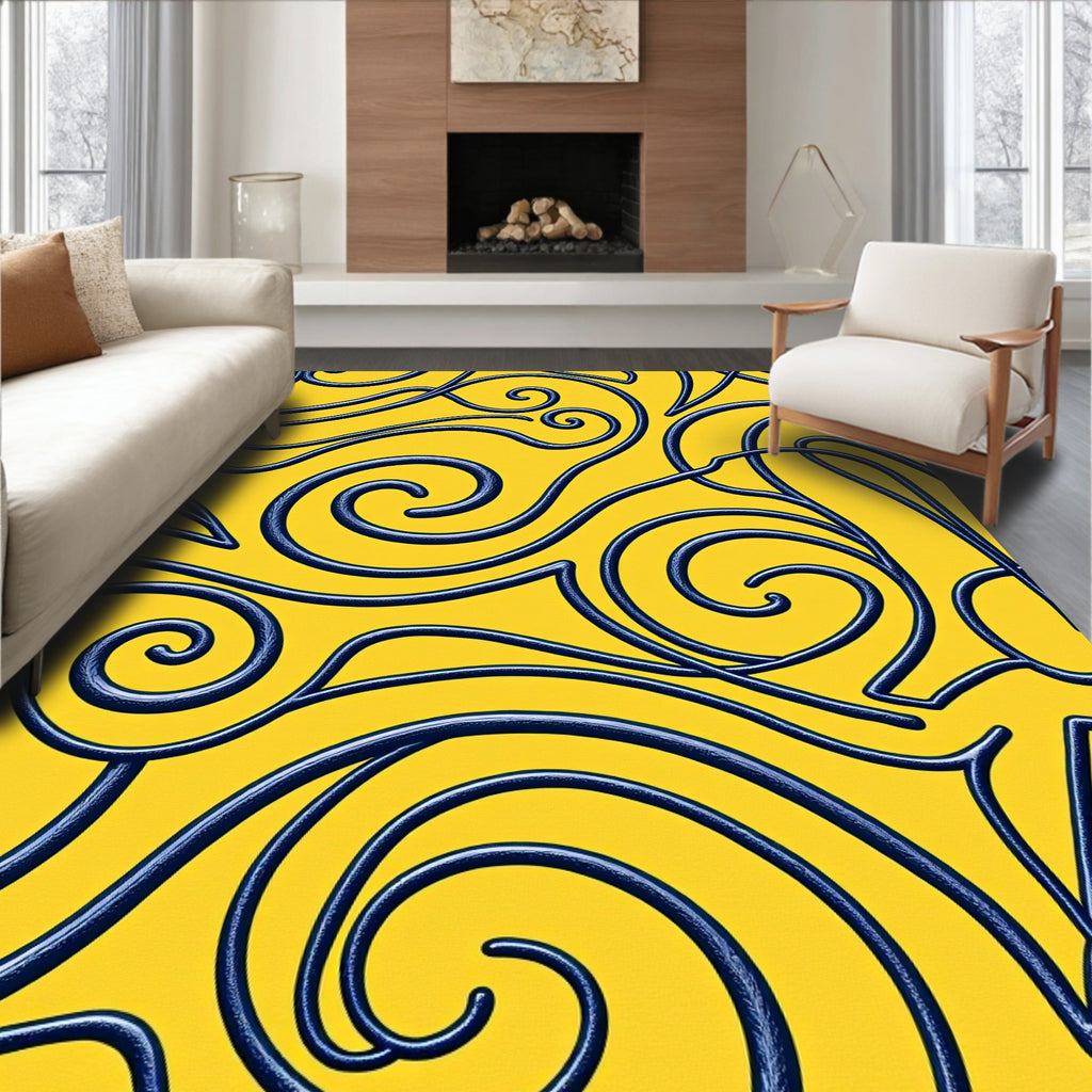 Yellow Blue Swirl Calligraphy Rug