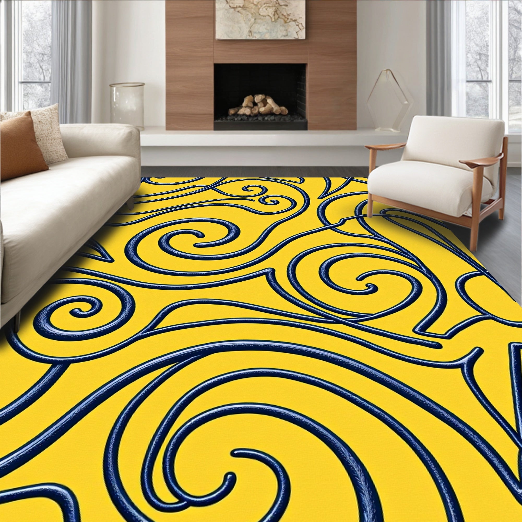 Yellow Blue Swirl Calligraphy Rug