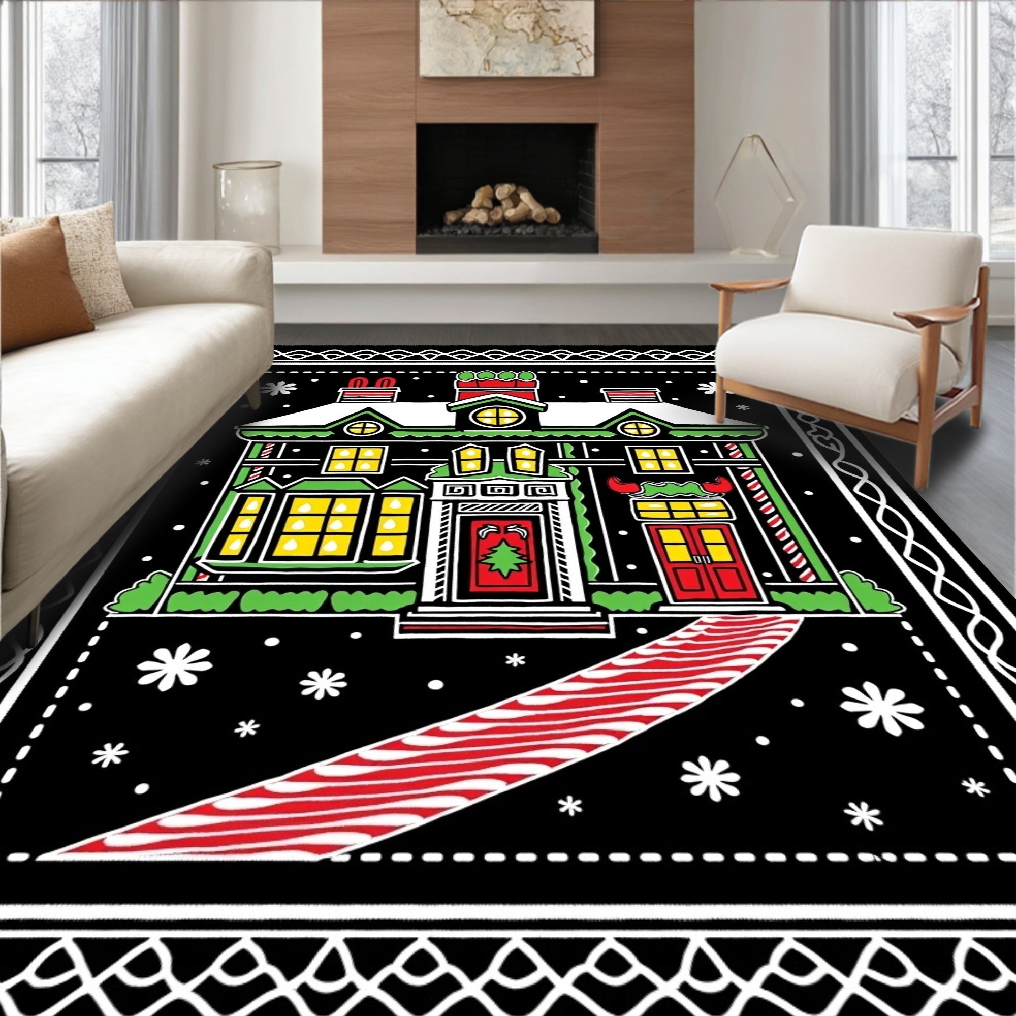Cheery Christmas House Black Snow Rug